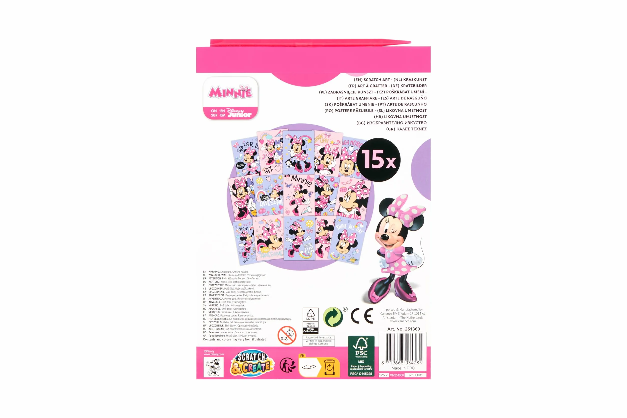 Disney Minnie Mouse Obrazki do zdrapywania książka A5 dla dzieci, zestaw z 15 motywami, w zestawie drewniany pisak do drapania, efekt tęczy, kreatywny zestaw od 3 lat