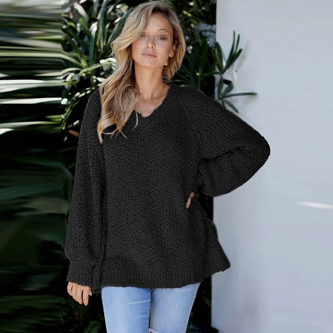 Vogrtcc Damski sweter z dzianiny z dekoltem w serek plus size luźny sweter oversize