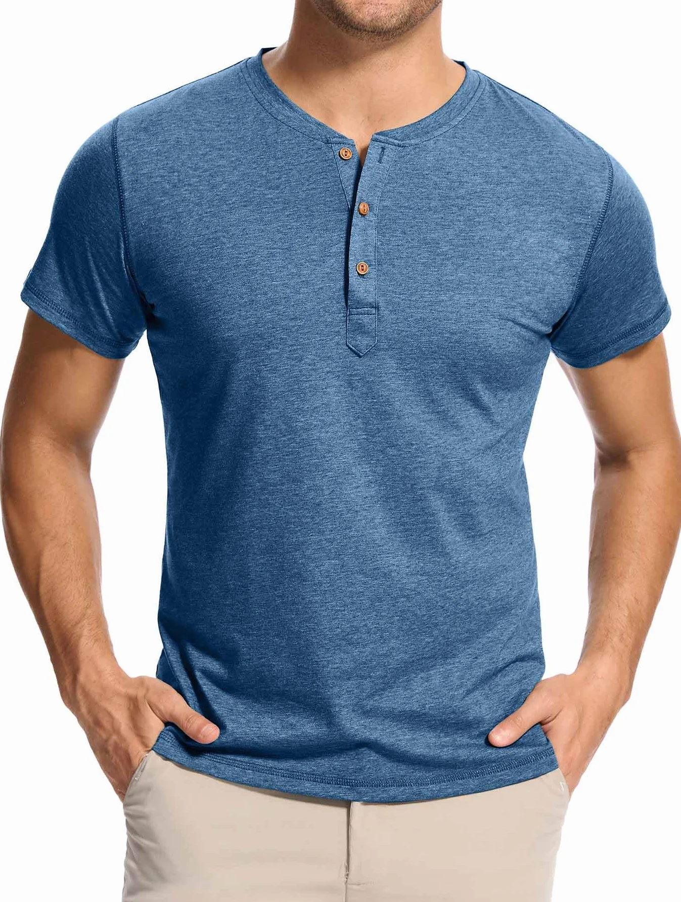 Męski T-shirt z 3 guzikami, jednokolorowy, Henley, koszulka polo | bawełna z krótkim rękawem i kołnierzem koszulowym
