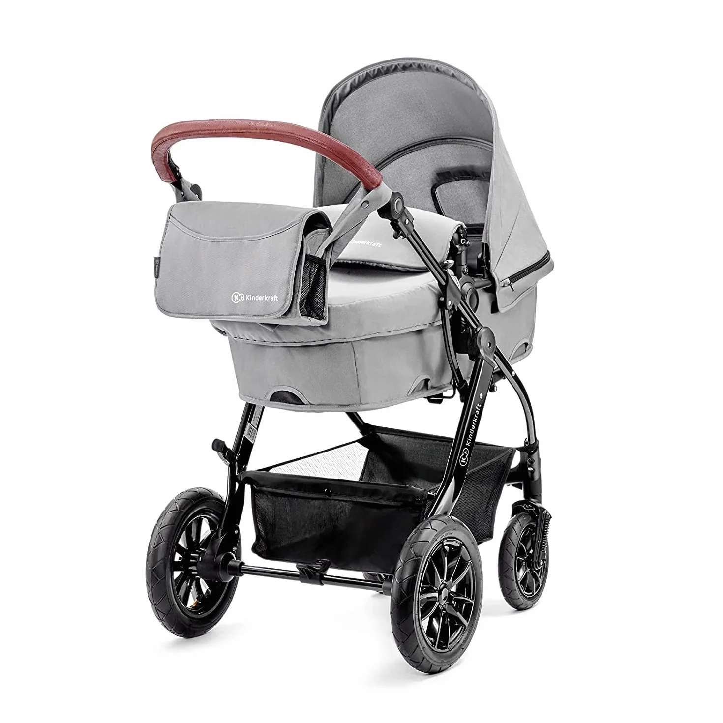 kk KinderkraftWielofunkcyjny Wózek Dziecięcy MOOV 3w1, Spacerówka, Travel system, Fotelik samochodowy i akcesoria w zestawie, Regulacja Oparcia, Amortyzowane koła i stelaż, do 22 kg, Szary
