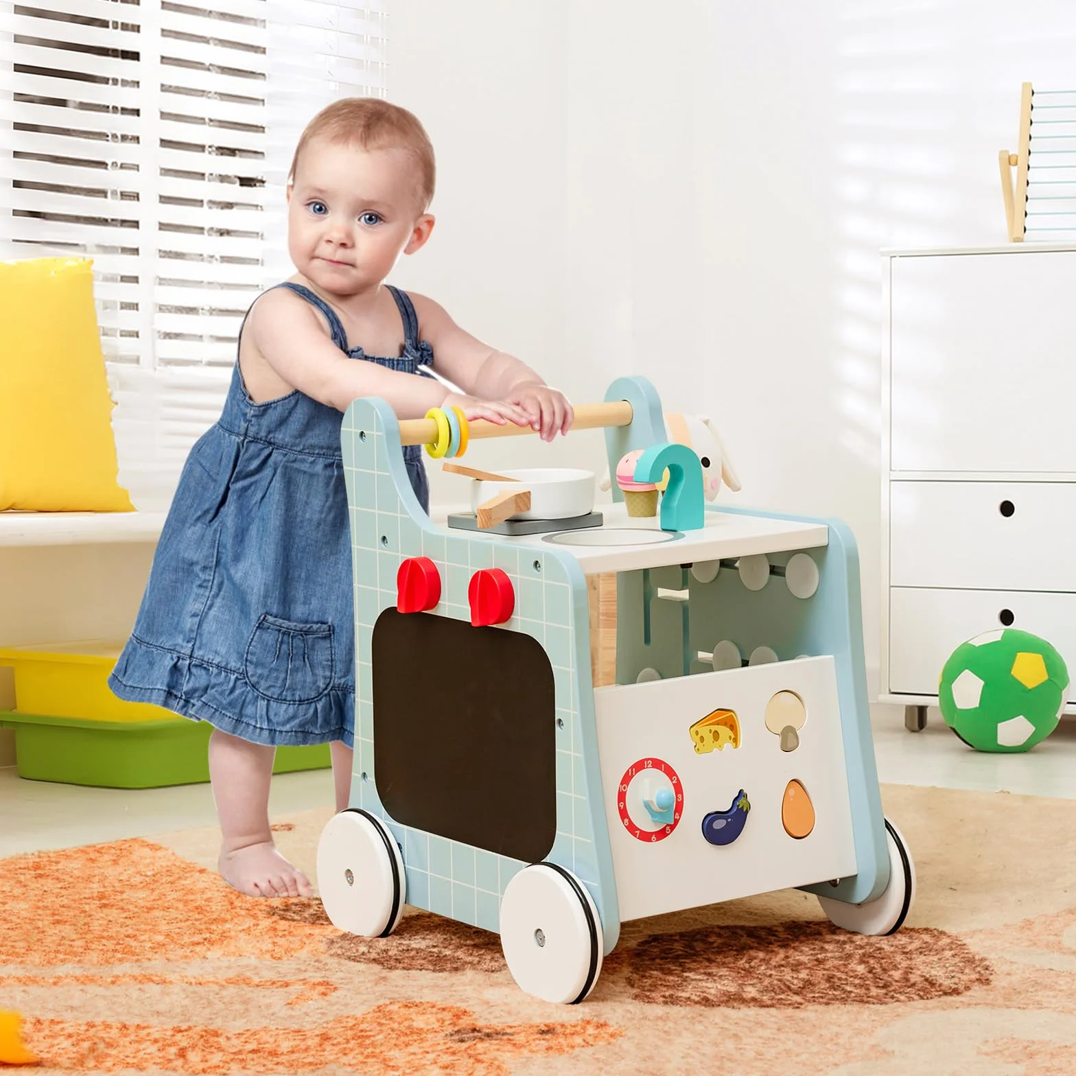 COSTWAY Drewniany wózek do nauki chodzenia 6 w 1, pomoc w nauce chodzenia z kuchnią do zabawy, zegarem do nauki, dopasowaniem kształtu i ruchomym suwakiem, kuchnia dziecięca Baby Walker z kółkami, dla