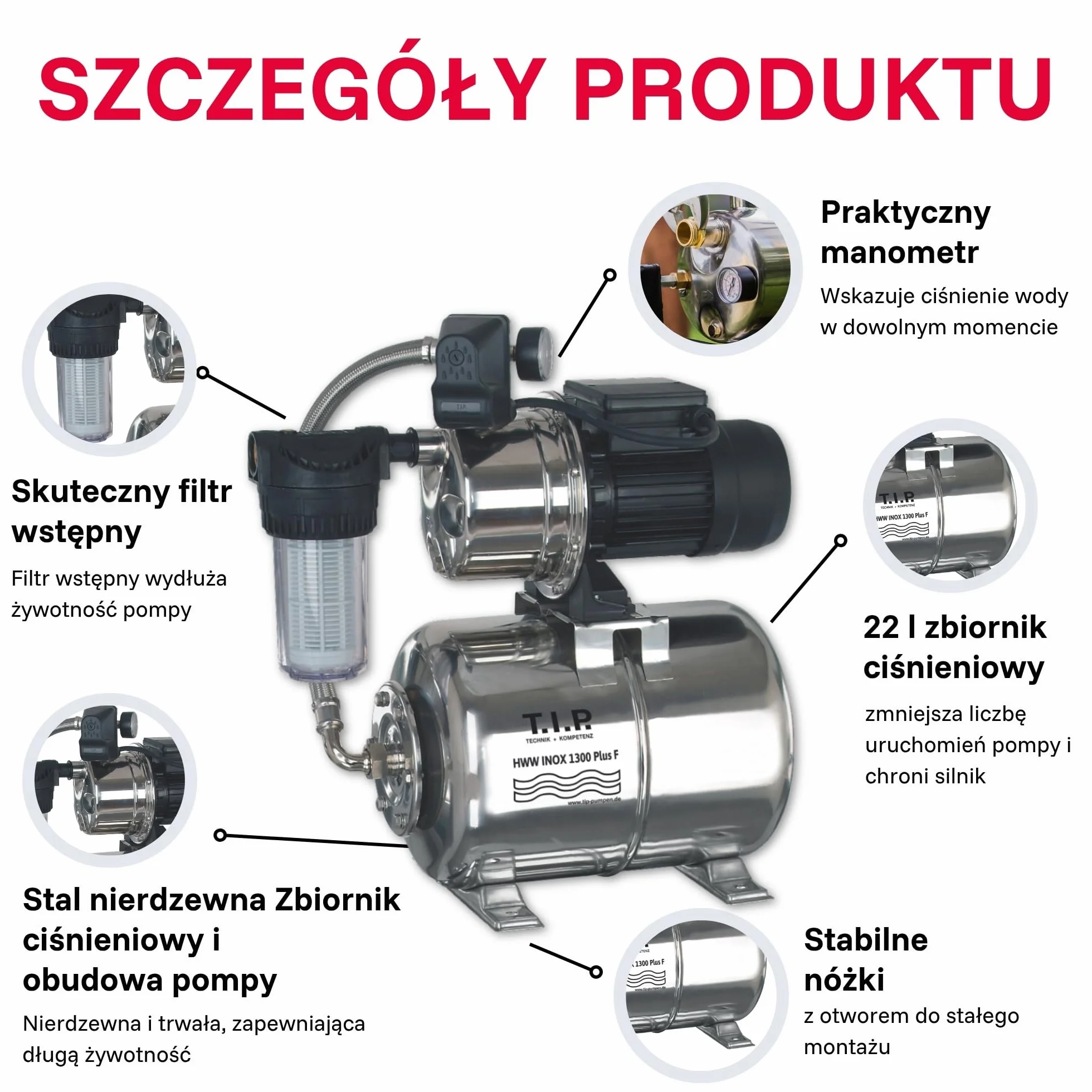 T.I.P. Hauswasserwerk HWW INOX 1300 Plus F – Edelstahl, 1200W, pompa strumieniowa, 4350 l/h, 50m, filtr wstępny, bezkonserwacyjna, ochrona termiczna
