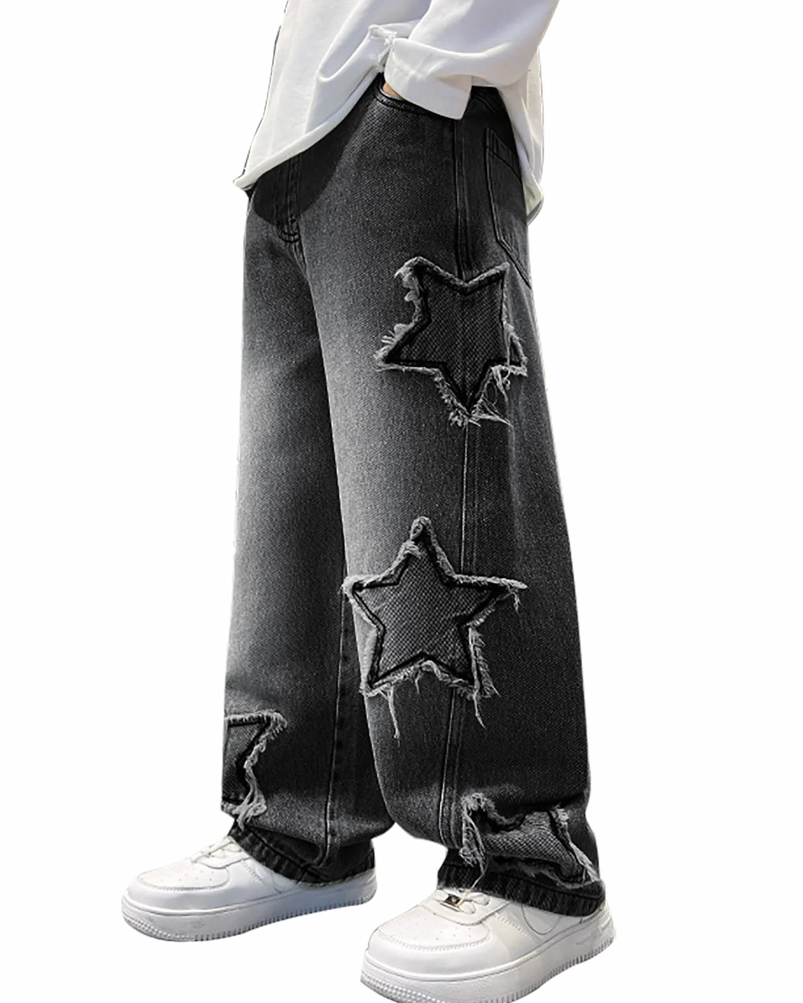 Chłopięce dżinsy z szerokimi nogawkami, luźny krój, styl vintage, swobodne, szerokie nogawki, spodnie dżinsowe, Streetwear