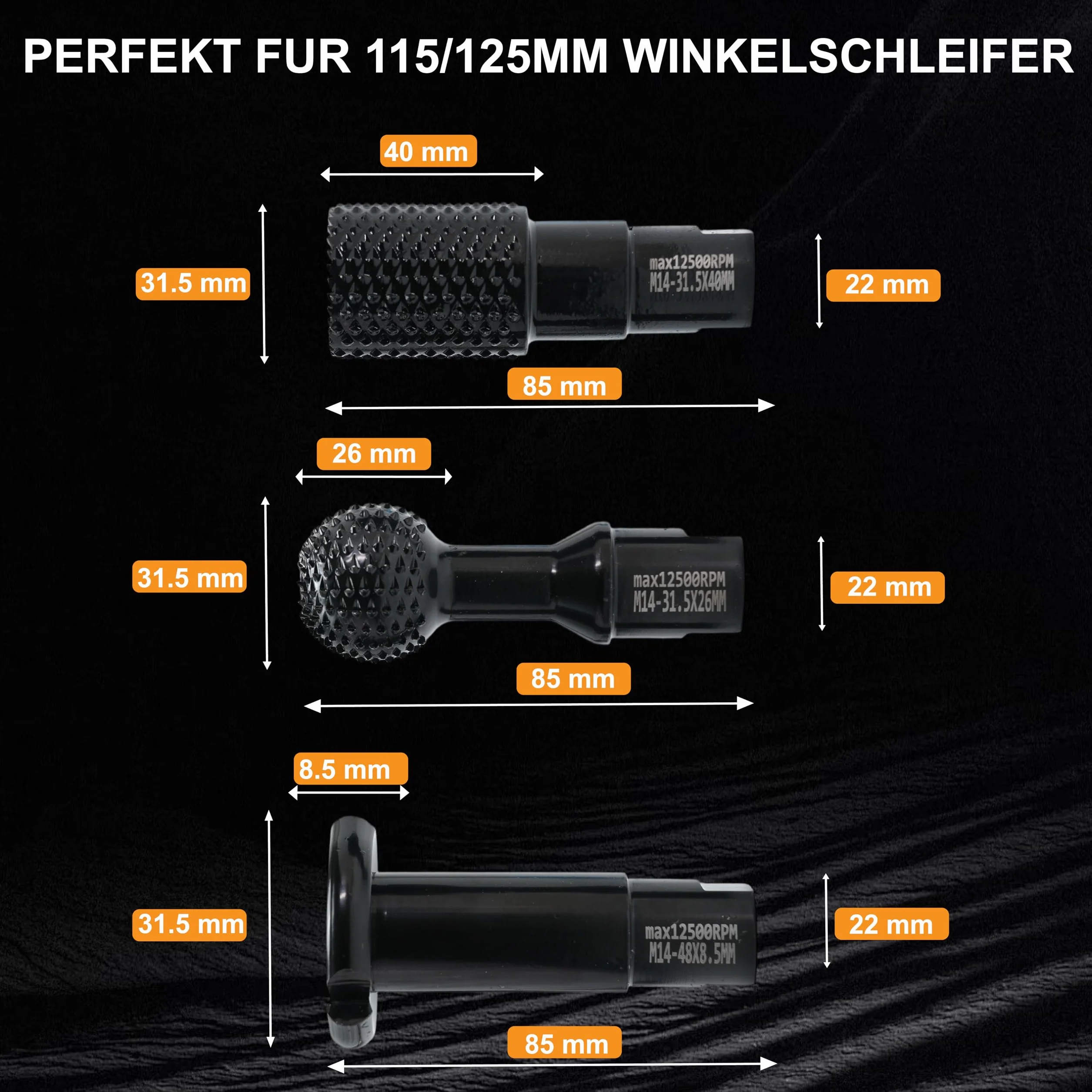 Zestaw frezów do rzeźbienia w drewnie, gwint M14, 3-częściowy do szlifierek kątowych 115 mm/125 mm, czarny