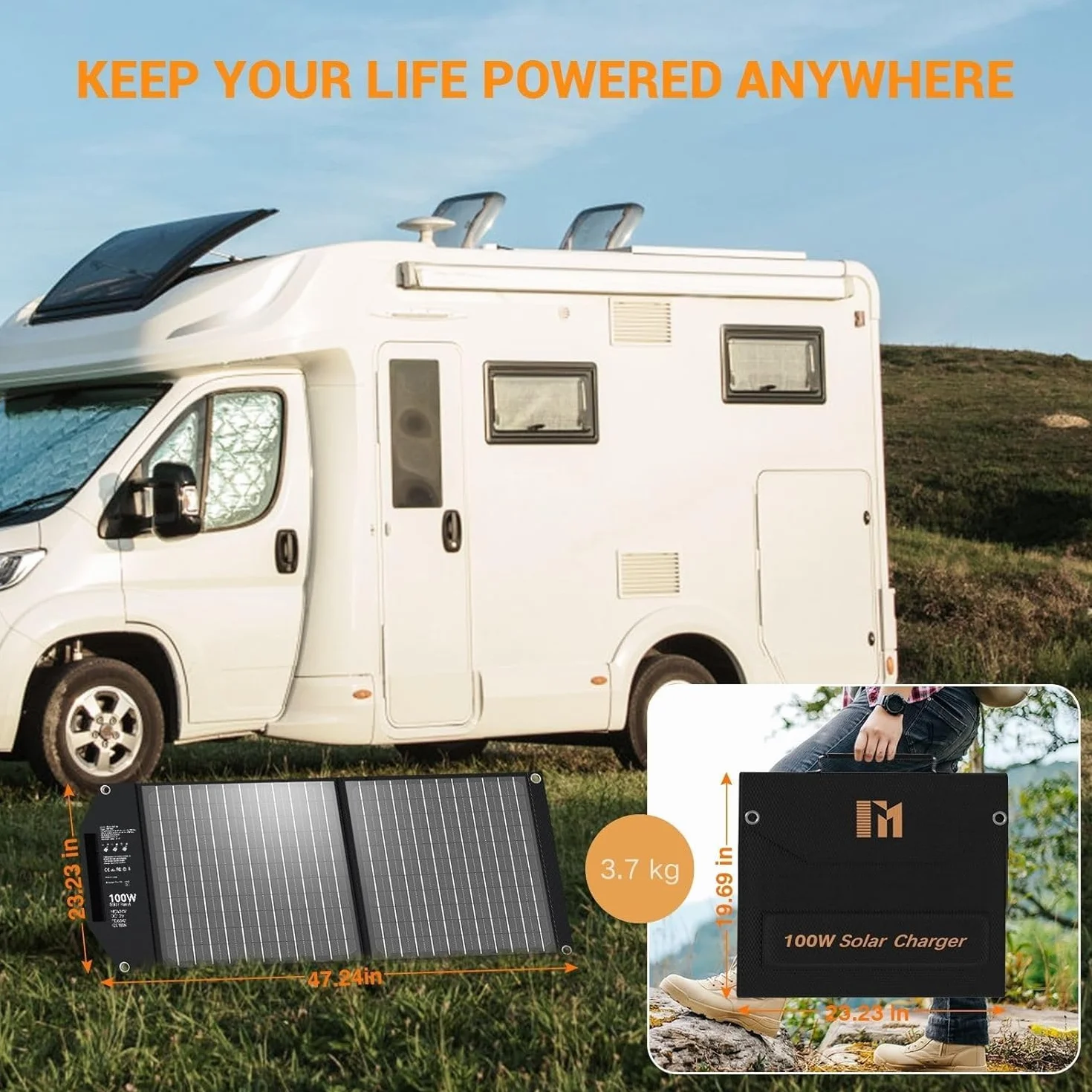 Panel słoneczny 100 W, składany, z 5 przyłączami, 24 V MC4 wyższa moc/24 V DC/QC 3.0 USB-A i USB-C (PD65W) ładowarka solarna