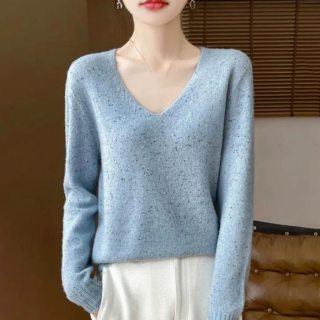 Damski kaszmirowy sweter z dekoltem w serek koreański sweter oversize swetry na co dzień luźne dzianinowe topy