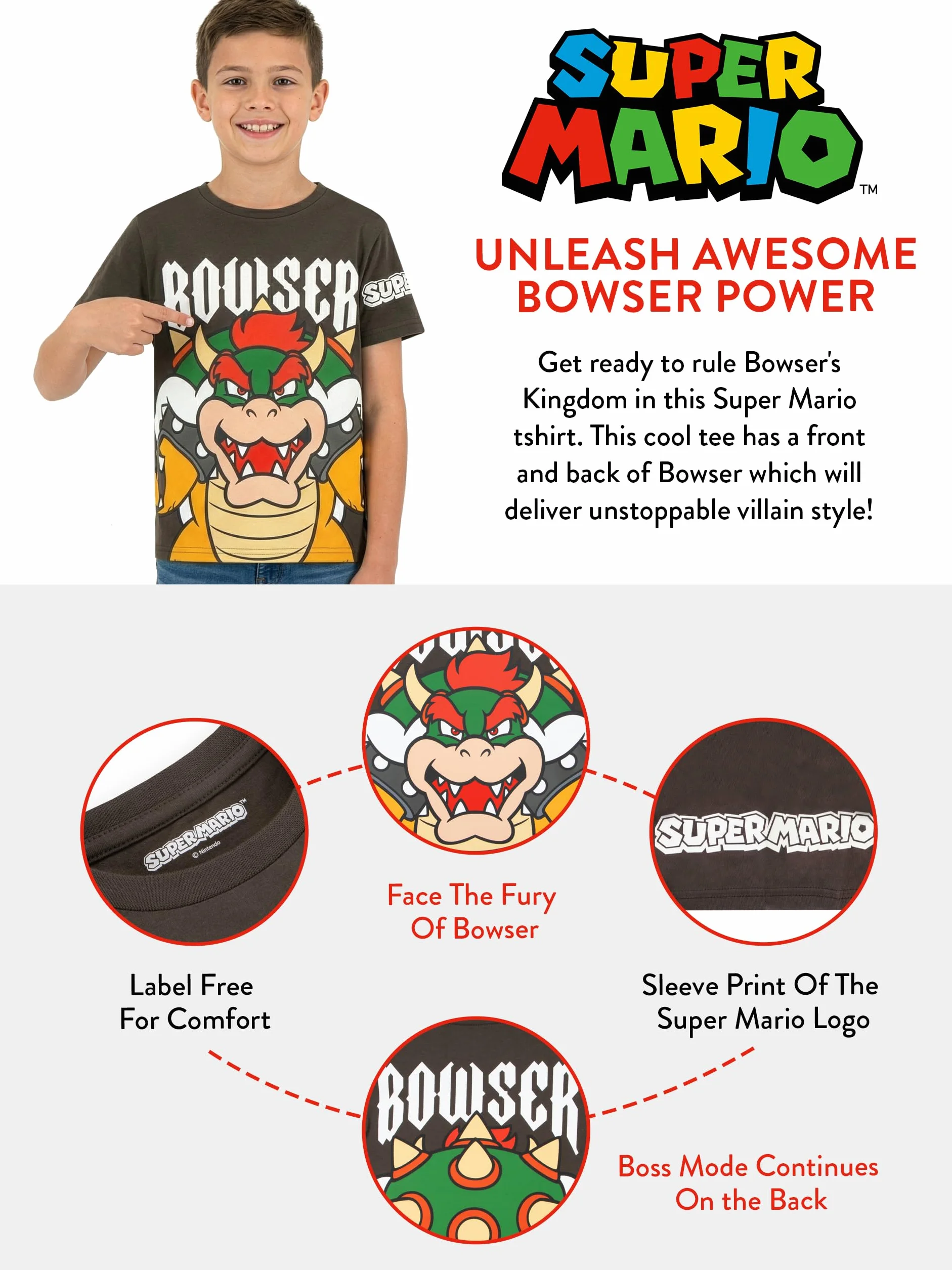 Super Mario Koszulka Bowser Dla Chłopca Bawełniana Krótki Rękaw