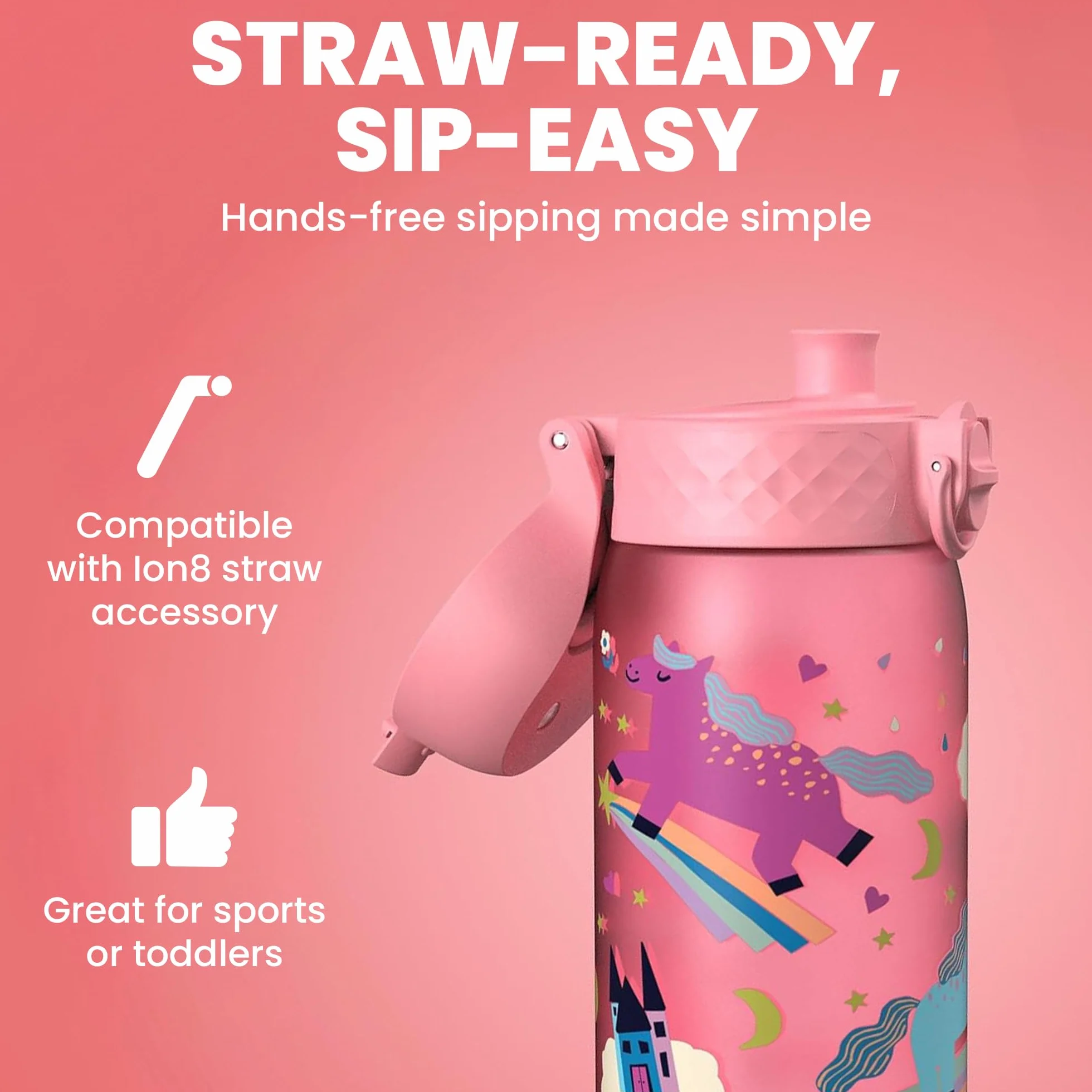 ION8 Butelka dla Dzieci, 350 ml/12 oz, Szczelna, Łatwa do Otwarcia, Bezpieczny Zamek, Można Myć w Zmywarce, Bez BPA, Uchwyt do Przenoszenia, Łatwa do Czyszczenia, Bezwonny, Różowe Jednorożce