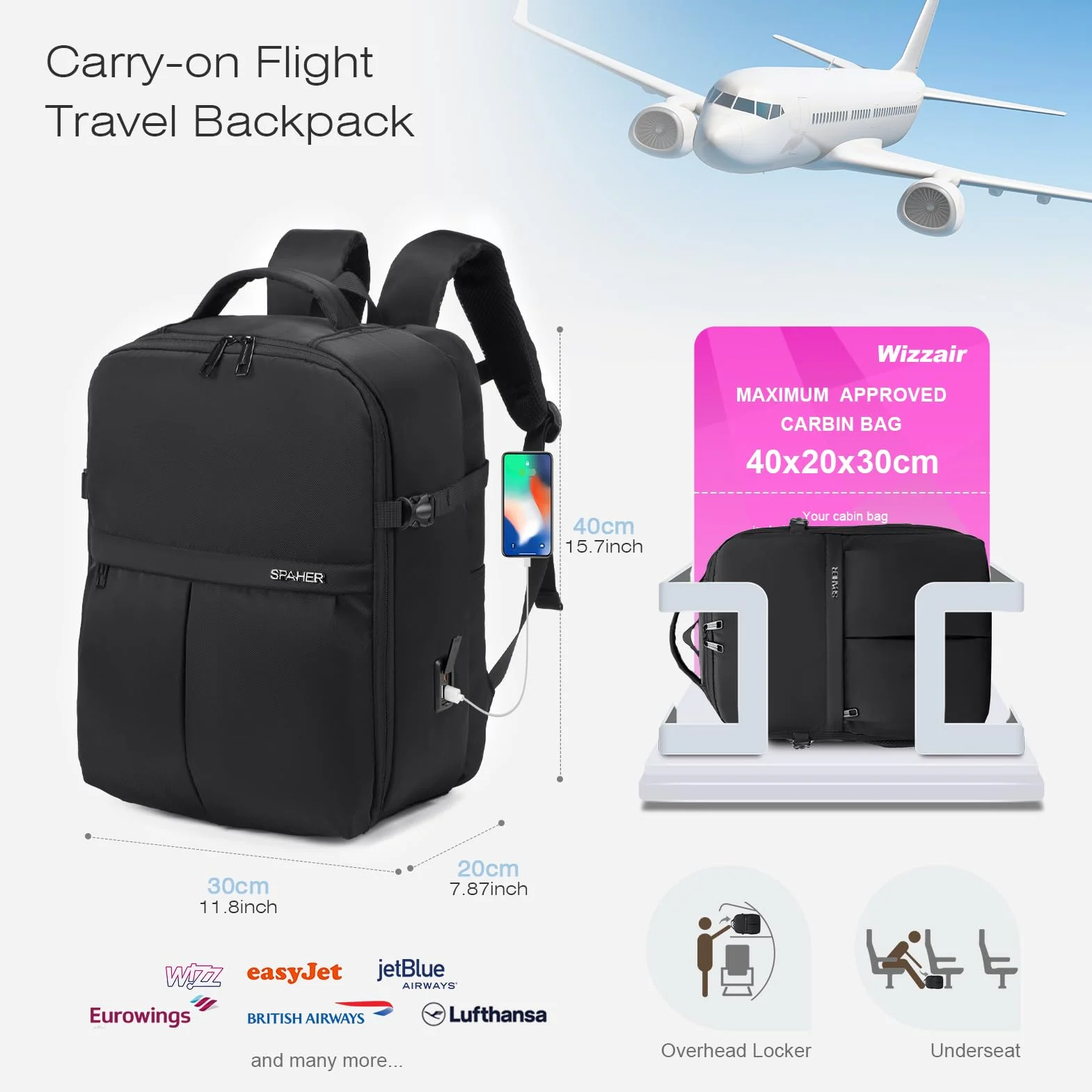 SPAHER Plecak Podróżny 40x30x20cm Wizzair Vueling na Laptopa 15,6 Cala Czarny