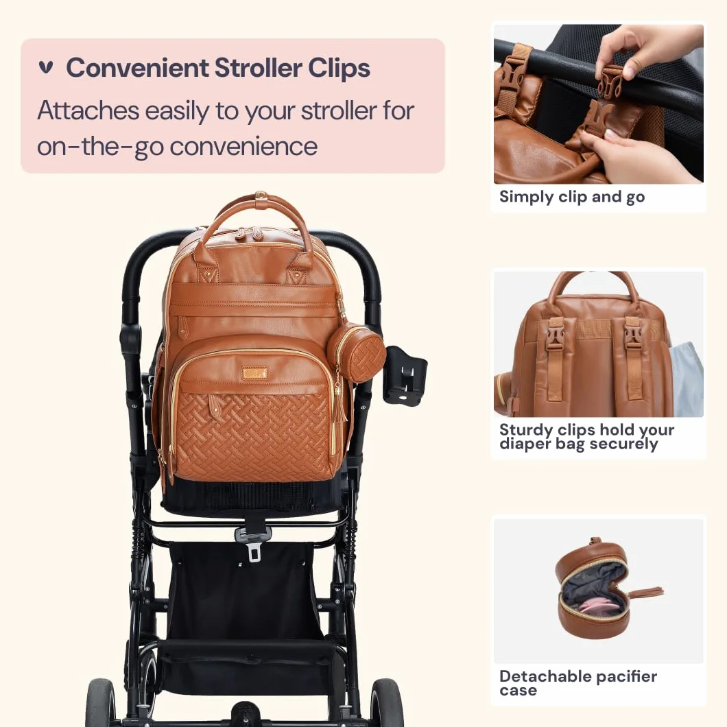 BabbleRoo Leather Diaper Bag Backpack - Baby Essentials Travel Baby Bag, Multi function, Waterproof, with Changing Pad, Stroller Straps & Pacifier Case – Unisex, Natural Brown