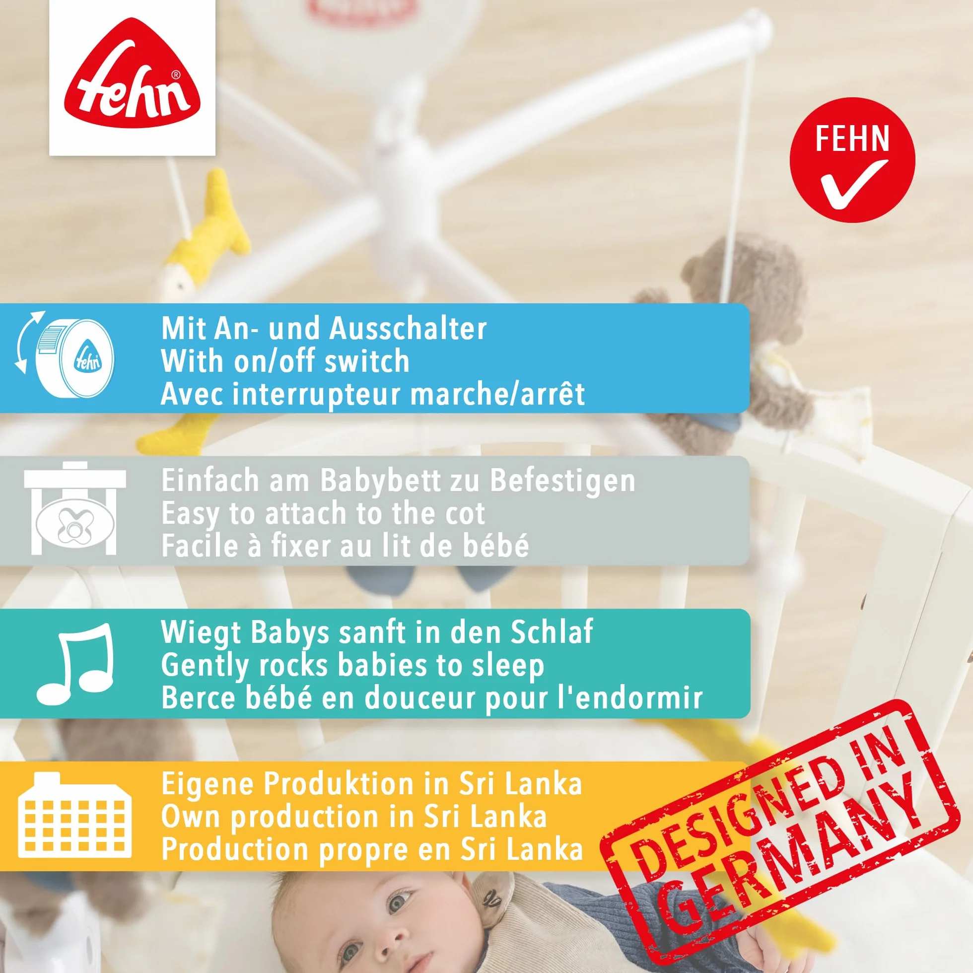 Fehn Musik-Mobile Happy Dino – Aufzieh-Mobile mit Spieluhr-Melodie „Brahms Wiegenlied“ und Figuren zur Beruhigung & Beschäftigung – Mit Bett-Befestigung für Babys von 0-5 Monaten