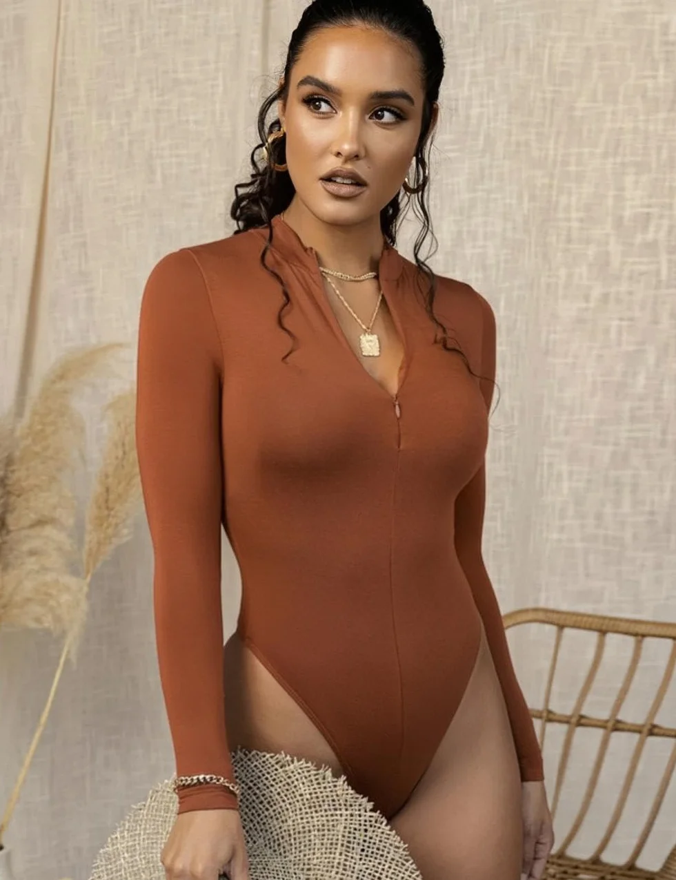 Body damskie z długim rękawem, eleganckie, seksowne body z długim rękawem, z zamkiem błyskawicznym, wąskie, damskie body z długim rękawem, koszulka z długim rękawem dla kobiet