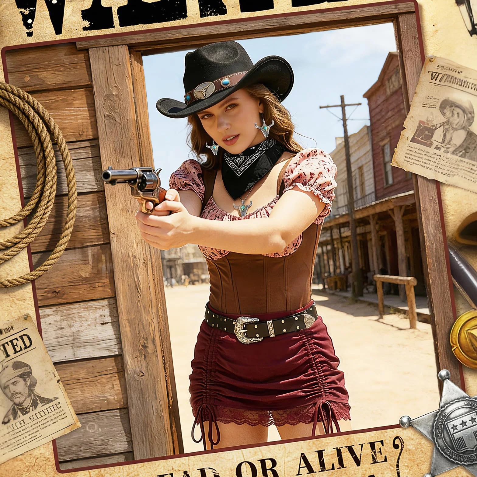 5 szt. turkusowo-brązowy western kowbojski strój damski z kapeluszem + kolczyki + naszyjnik + pasek + bandana dla dorosłych, karnawał, impreza tematyczna, cosplay
