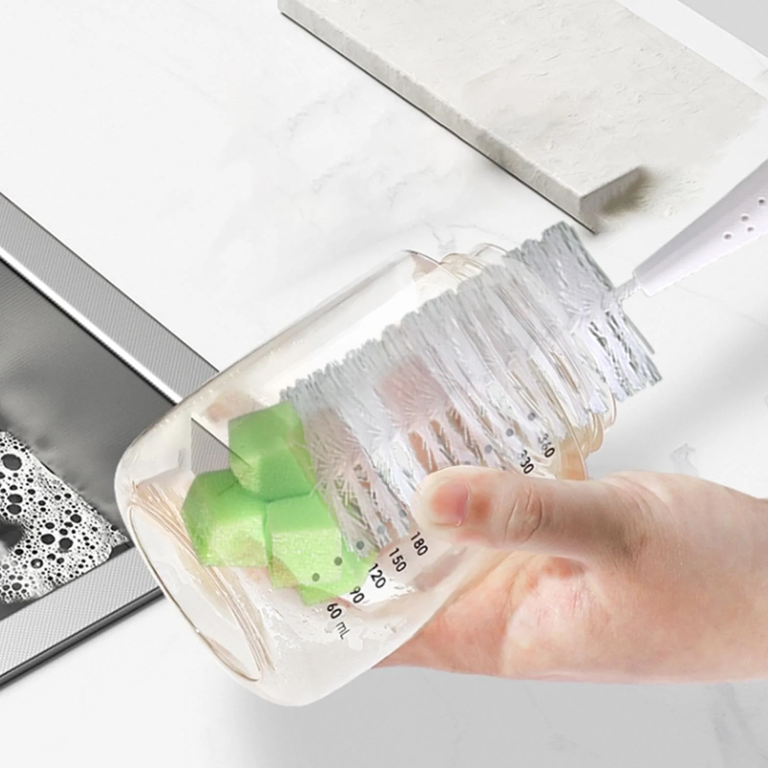 Szczotka do butelek dla niemowląt, stojak na przyssawkę 2 w 1, nylon PP silikonowy materiał do czyszczenia sutków do domu i podróży, 27 x 5 cm, 35 g