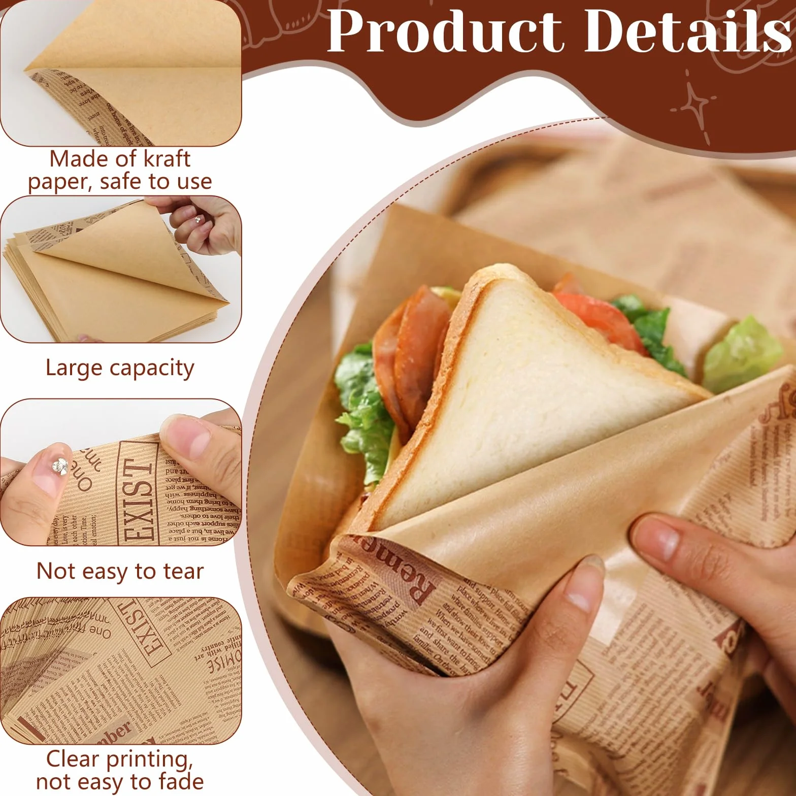 200 sztuk arkuszy papieru Deli, 15 x 15 cm, papier typu burgery, torebki do kebaba, kanapek, papier do zawijania kanapek, burgerów, frytek