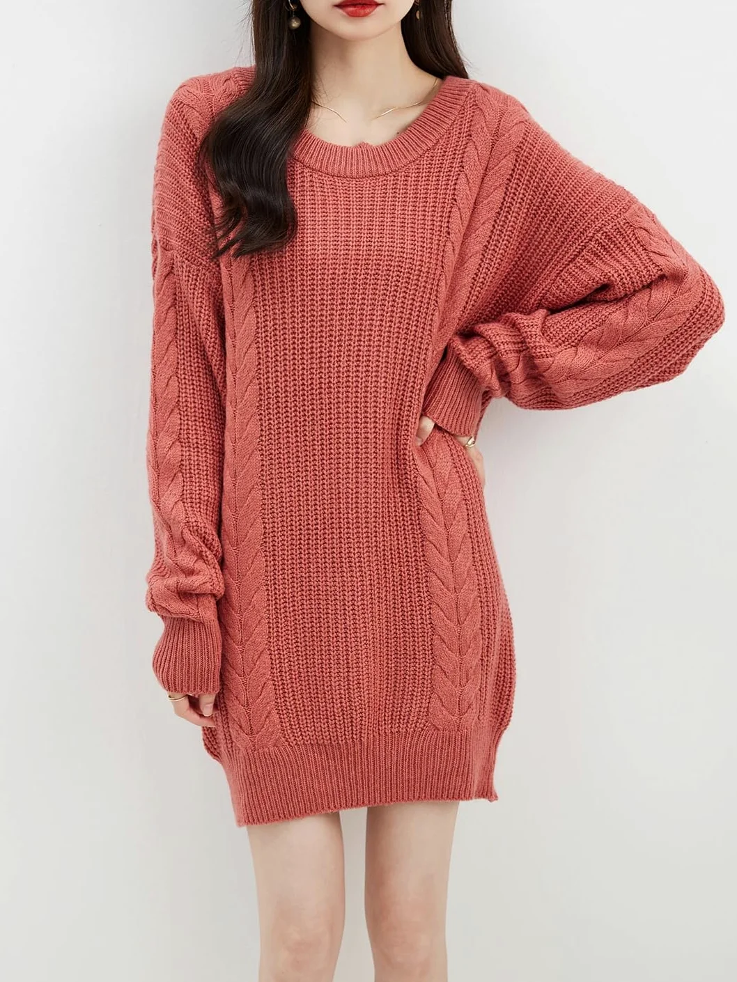 Disimlarl Damski sweter oversize, jesienno-zimowy, ciepły sweter z okrągłym dekoltem, długi rękaw, dzianinowy, długi sweter, wełniany sweter