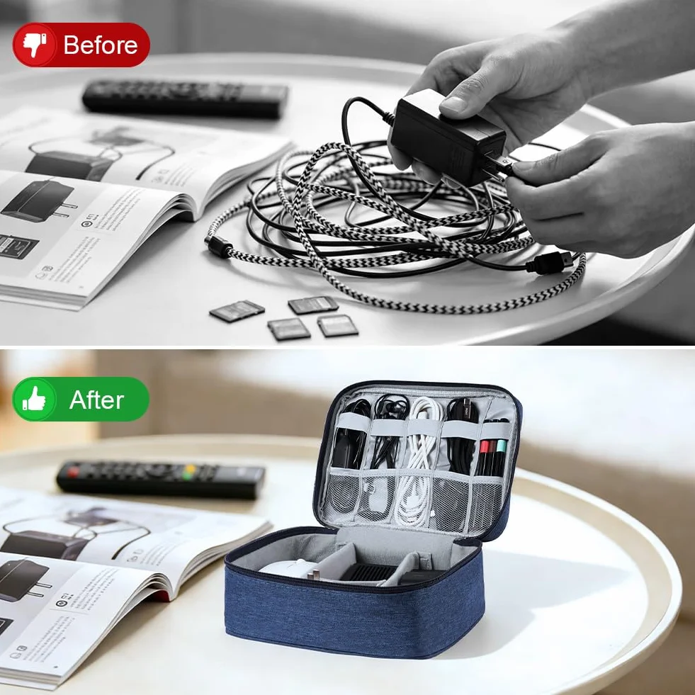 OFFCUP Torba na kabel, 24 x 18 x 10 cm, podróżny organizer na kable z 2 przegródkami, wodoszczelny organizer na kable, USB, dyski twarde, karty SD, ładowarkę (niebieska)