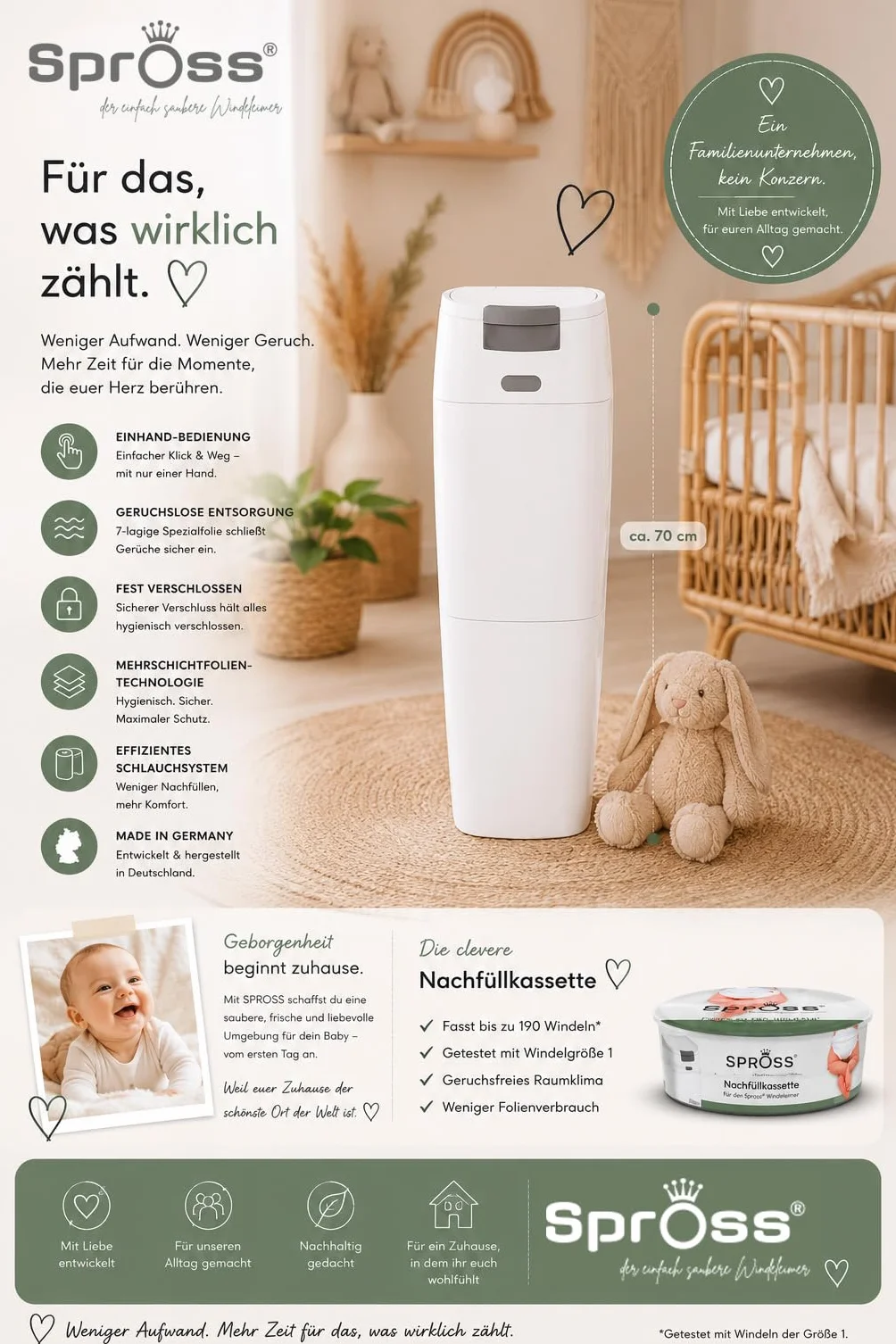 Spross Kosz na pieluchy dla niemowląt w zestawie z kasetą uzupełniającą – nieprzepuszczający zapachów system z obsługą jedną ręką – kosz na śmieci na pieluchy dla niemowląt, biało-szary