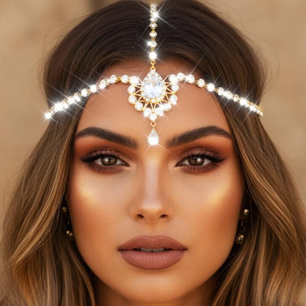 Reaky Łańcuszek na głowę ze strasem złota ozdoba głowy kryształowa biżuteria dla kobiet (złoty, jeden rozmiar)