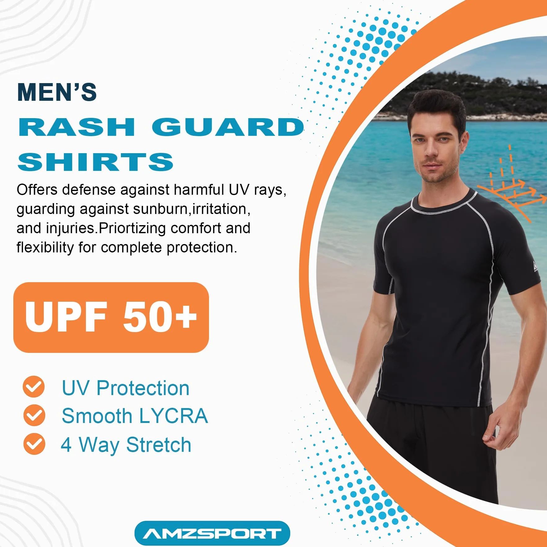 AMZSPORT Męska koszulka Rash Guard, ochrona UV UPF 50+, koszulka z krótkim rękawem, szybkoschnąca kamizelka chroniąca przed słońcem do pływania, surfowania, wędkowania, biegania