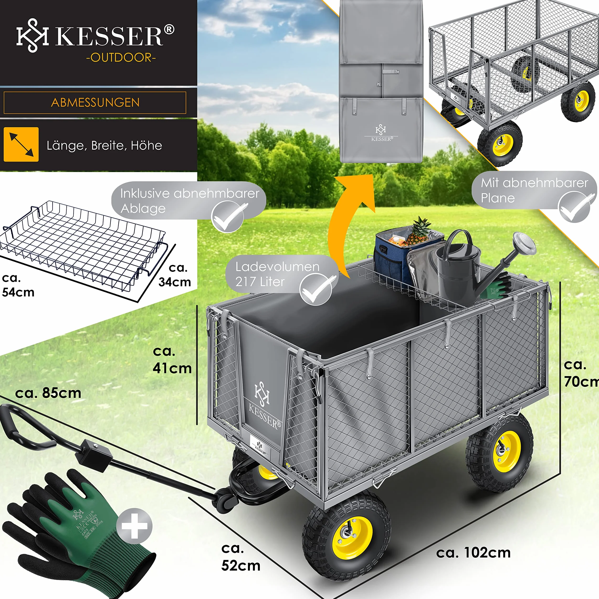 KESSER Wózek ogrodowy, udźwig 550 kg, wózek transportowy, wózek ogrodowy, wyjmowana plandeka, wózek na narzędzia, wózek ręczny, wszechstronne zastosowanie, w zestawie rękawice szare