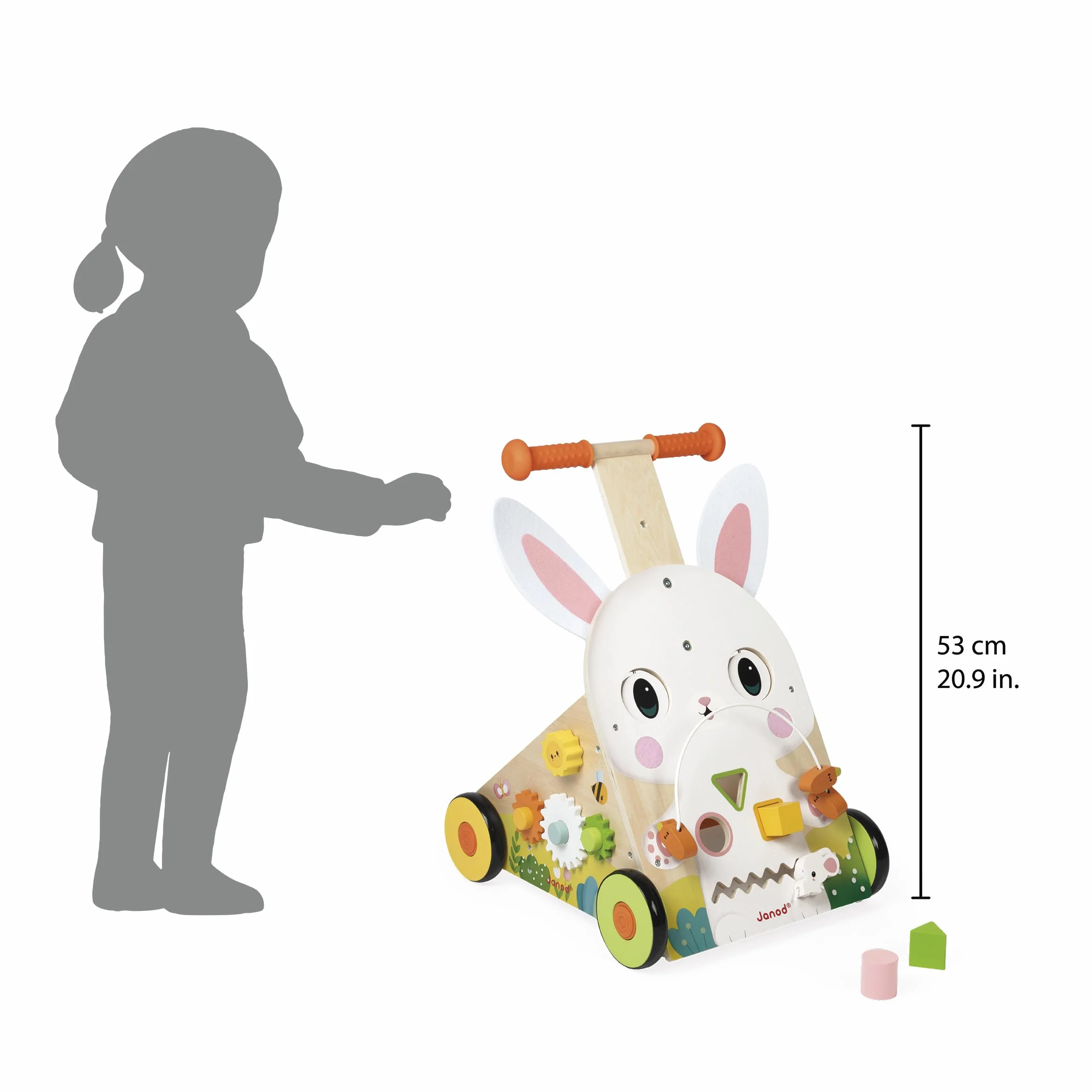 Janod - Farmowy wózek wielofunkcyjny - Drewniany wózek spacerowy - 9 czynności - opatentowany system hamulcowy i ciche koła - ewolucyjna zabawka dla dzieci - Od 12 miesięcy - J03326