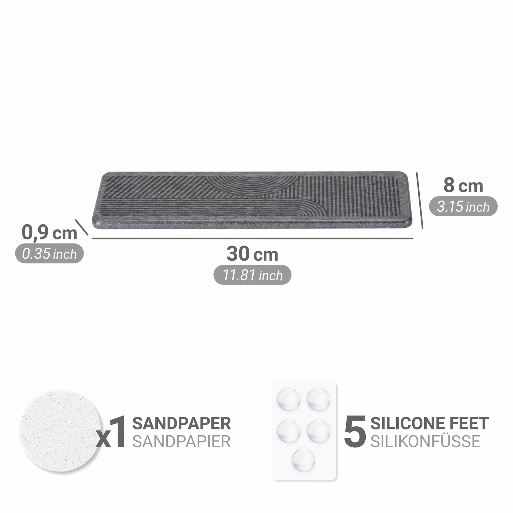 Mata ociekowa Mod. Damon Diatomit szybkoschnąca płyta ociekowa pochłaniająca wodę kuchnia wolnostojąca z silikonowymi nóżkami 30 x 0,9 x 8 cm szara