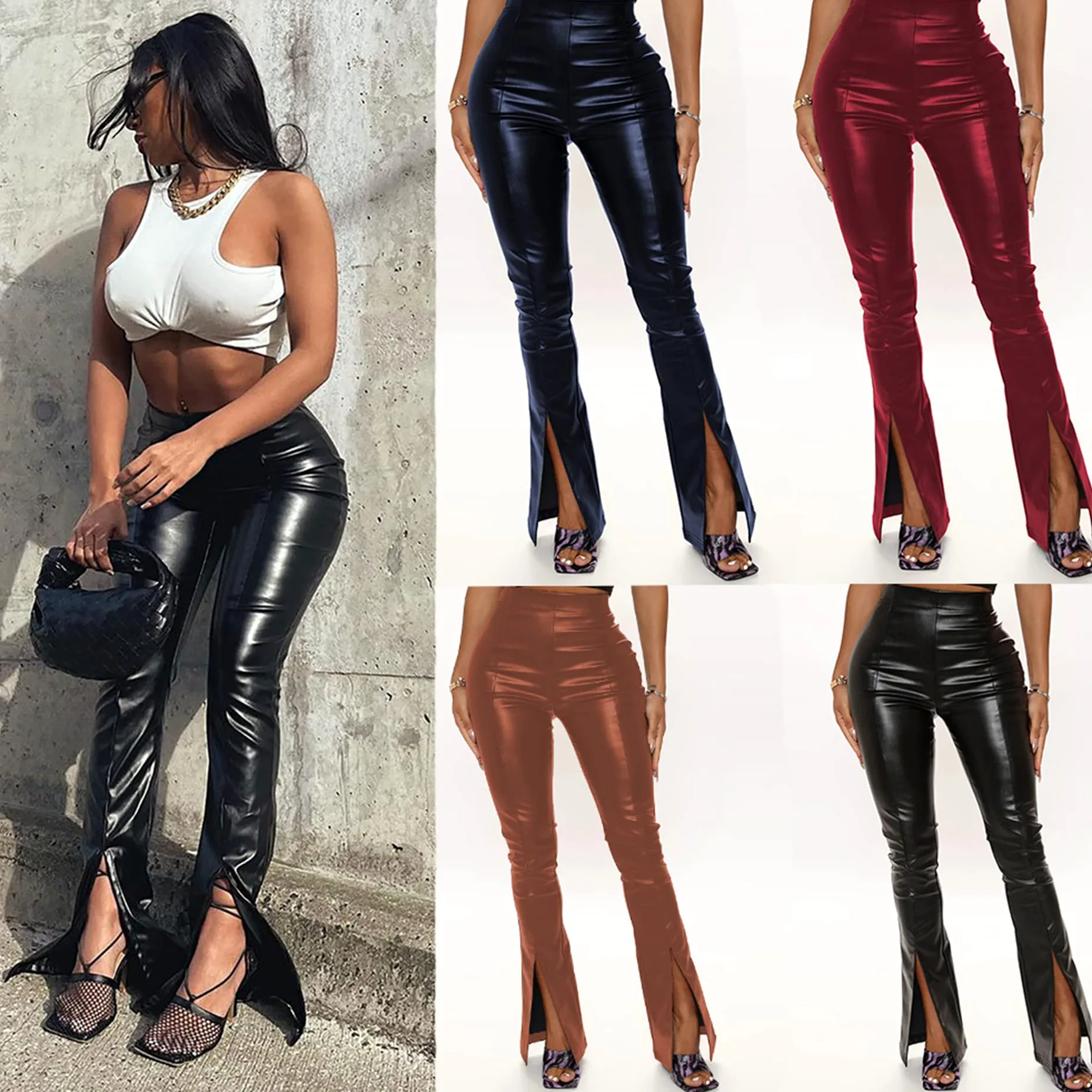 Damskie legginsy ze sztucznej skóry spodnie seksowny szczupły brzuch prosty szerokie nogawki PU skórzane legginsy Lady joga potańcówka odzież klubowa (ciemnoniebieski 3XL)