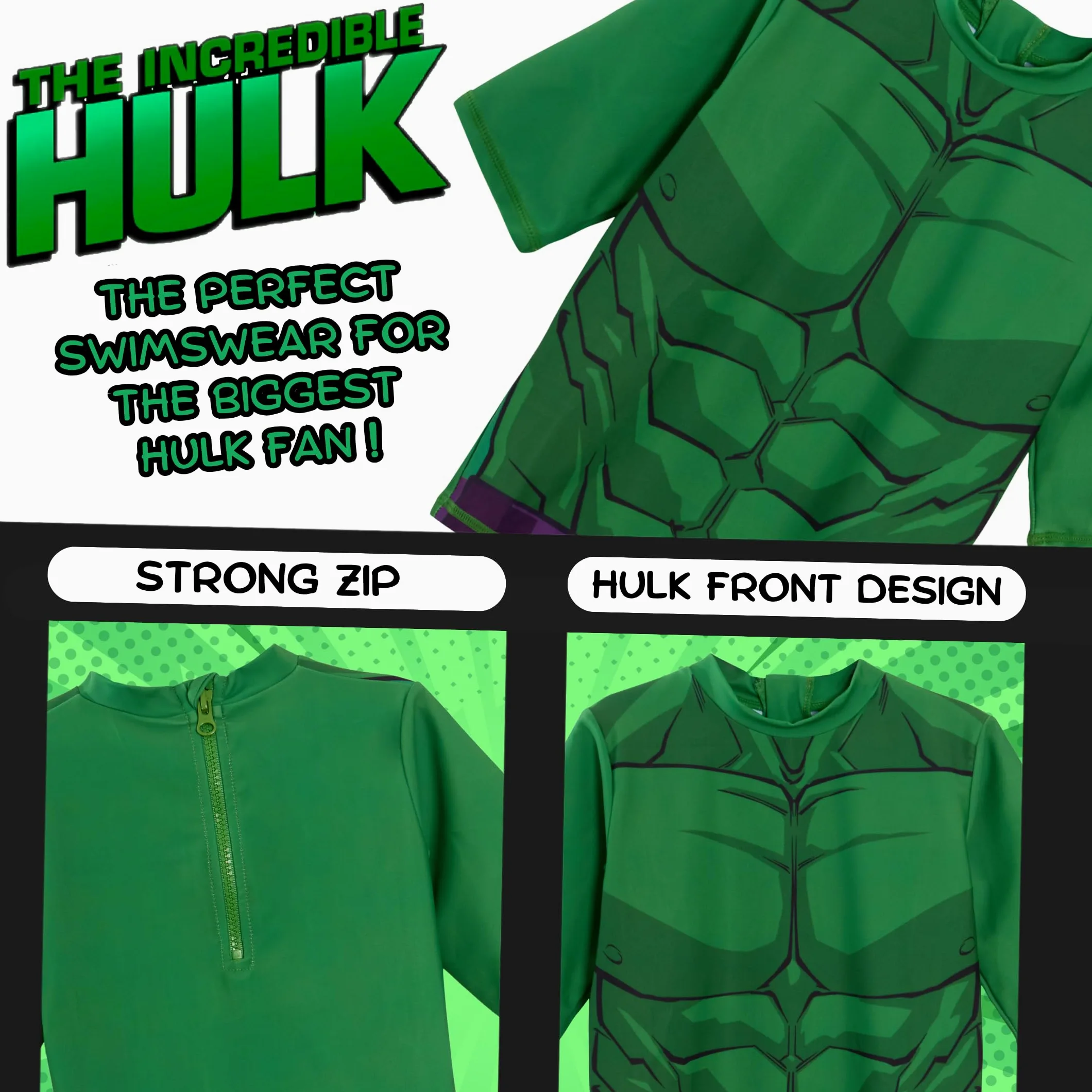 Marvel Niesamowite szorty kąpielowe Hulk + kamizelka typu Rash, 2-częściowy zestaw kąpielowy, top surfingowy + szorty