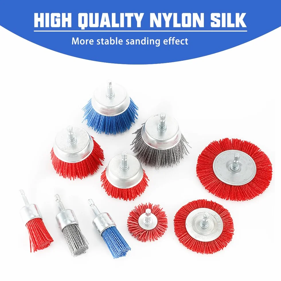 9 sztuk nylonowych szczotek z sześciokątnym trzonkiem 1/4", szczotka nylonowa, zestaw wierteł, szczotki do garnków, szczotka szlifierska do usuwania rdzy, korozji/farby (Ø 25 mm/ø 75 mm)