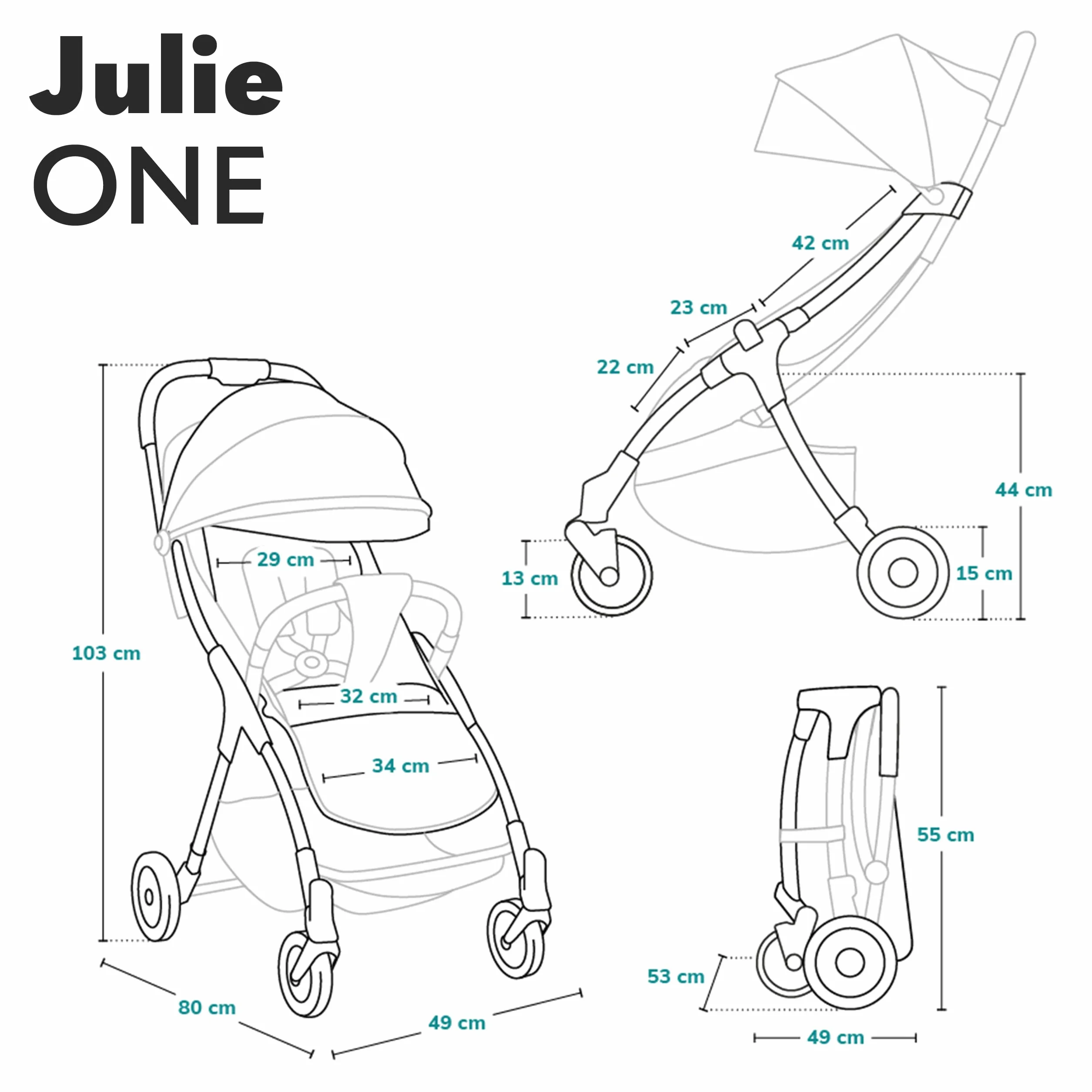 LIONELO Julie One wózek spacerowy do 22kg, regulacja oparcia od pozycji siedzącej do leżącej, regulowany podnóżek, ocieplacz na nóżki, moskitiera, torba do transportu (Golden Moments)