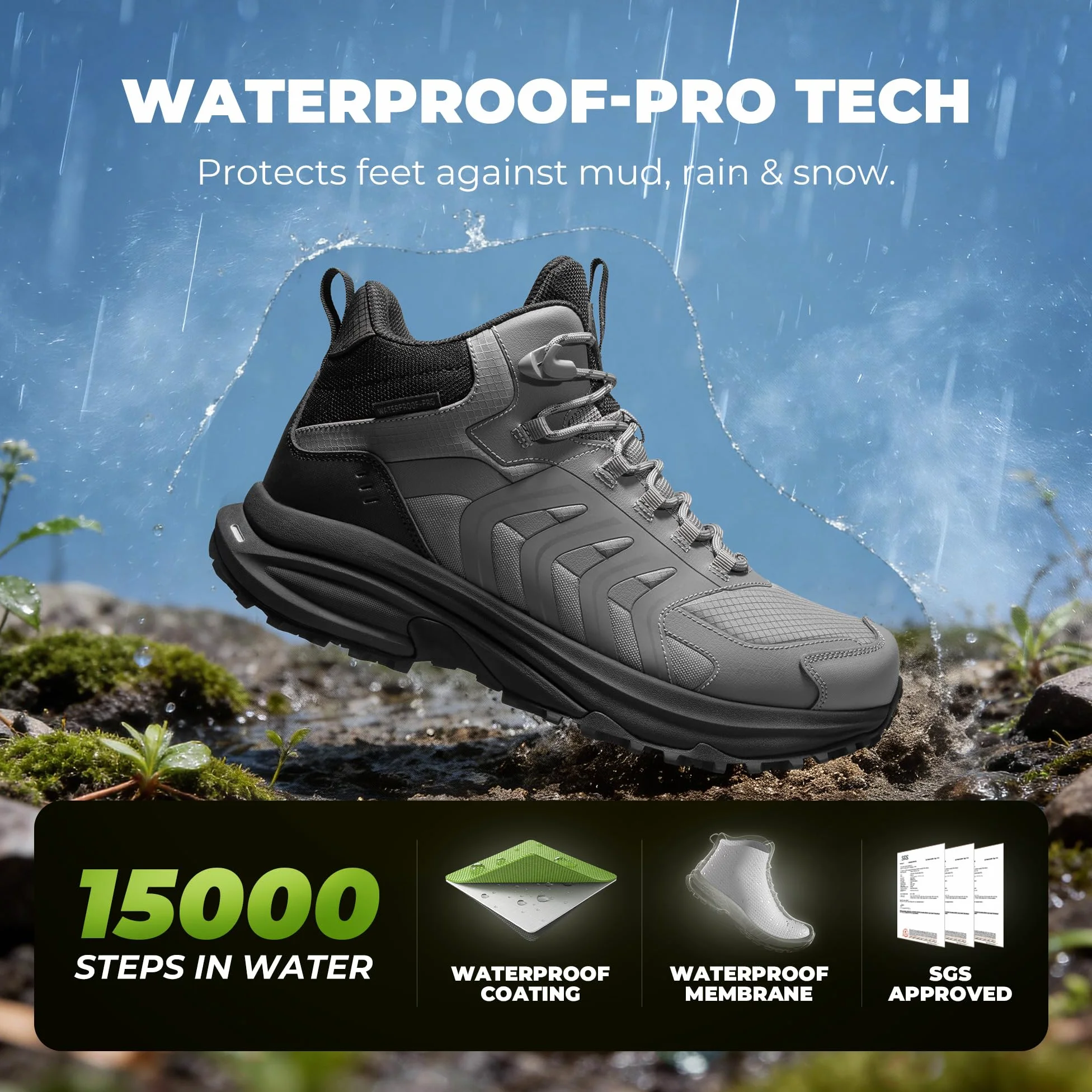 NORTIV 8 Męskie wodoodporne buty trekkingowe PRO, Szary Czarny, 10 UK | Lekkie buty trekkingowe do trekkingu, na kemping i wędrówki z plecakiem