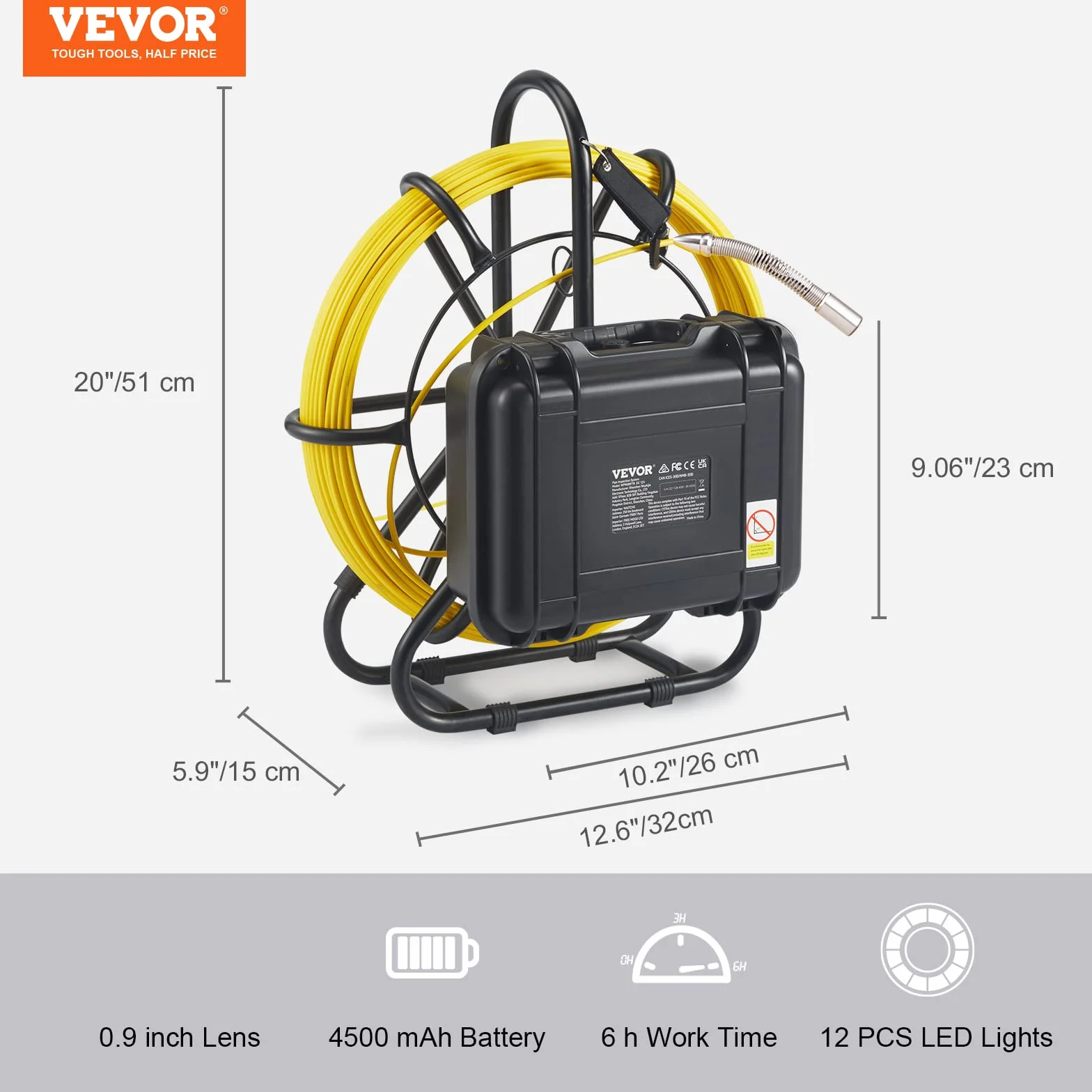 VEVOR Inspection Camera Rura 50 m Endoskopowa Kamera odpływowa 9'' z wodoodpornym rejestratorem DVR IP68 12 diod LED regulowana, karta SD 16 GB do rury kanalizacyjnej domu hydrauliki spustowej