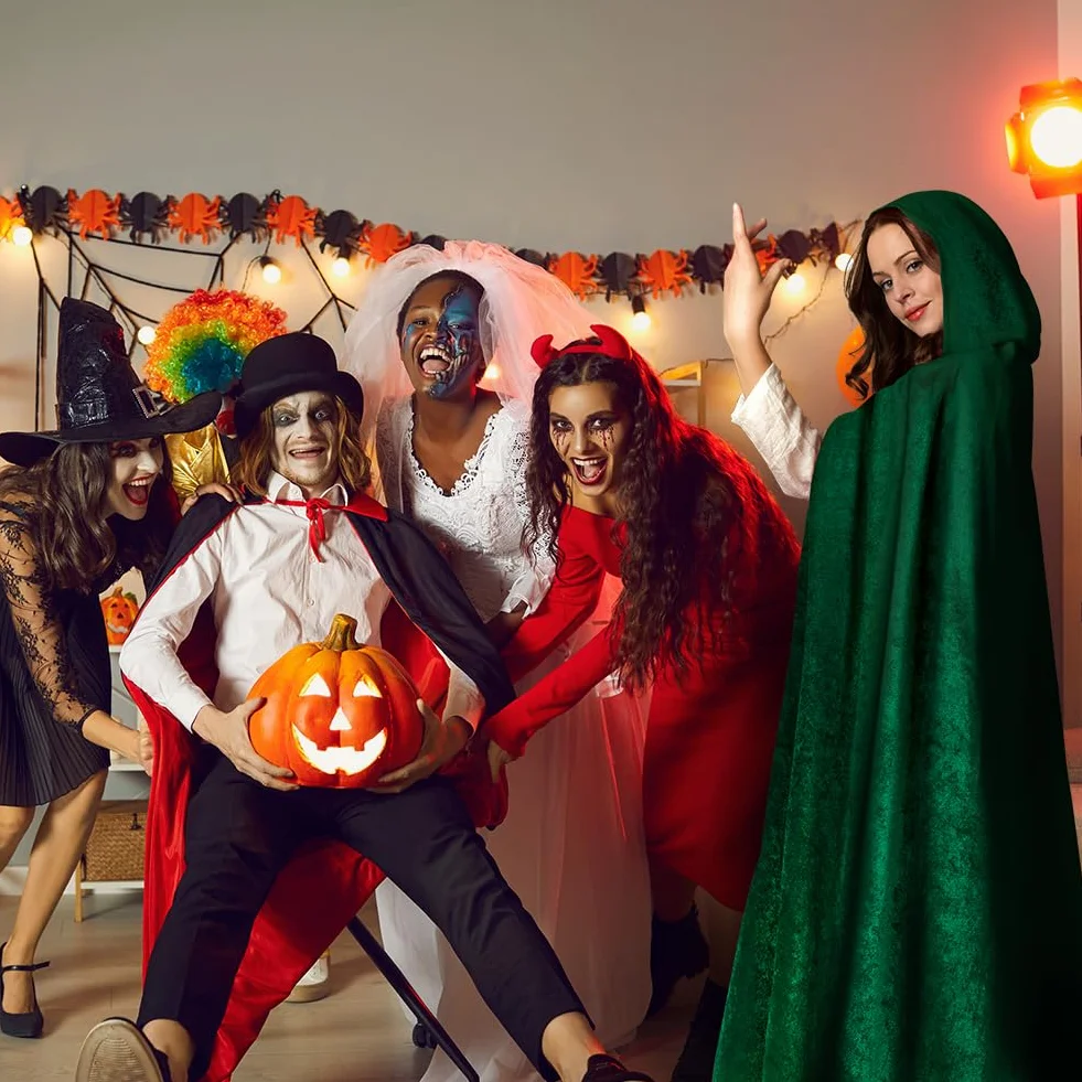 AOOWU Zielona peleryna, Halloween, peleryna z kapturem, czarownica, akcesoria do cosplay, kostium dla dorosłych, ponury żniwiarz, peleryna, długi płaszcz dla wampira, na Halloween, imprezę rodzinną