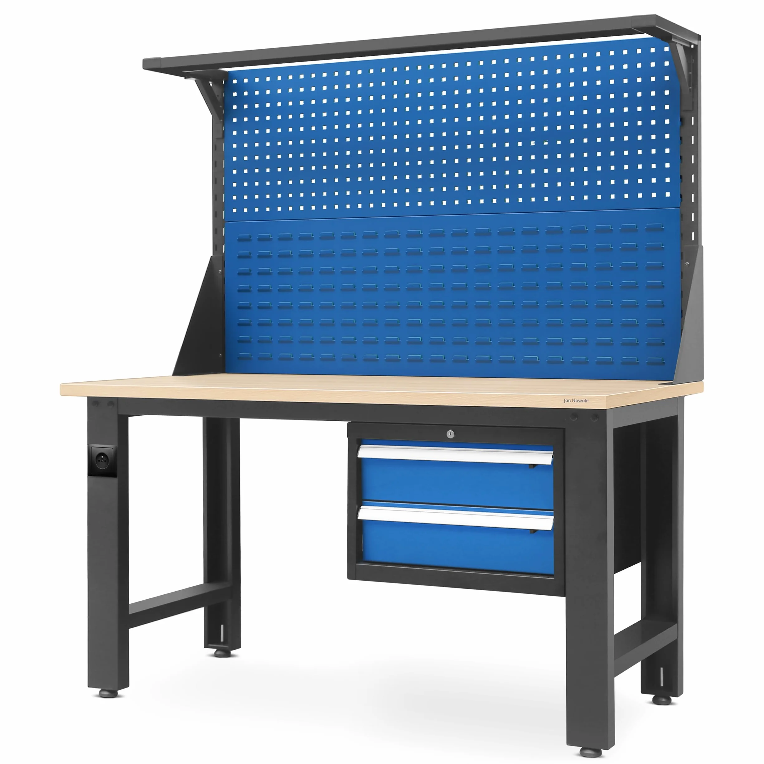 Jan Nowak Stół Warsztatowy Narzędziowy Metalowy z Tablicą Perforowaną na Narzędzia LOGAN | Solidny Blat 2 Szuflady Regulowane Nogi Stelaż na Lampę | 170 cm x 150 cm x 75 cm (Antracytowo-Niebieski)