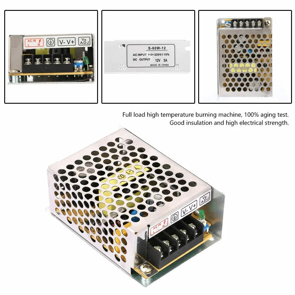 Zasilacz LED 12 V 5 A AC/DC przetwornik napięcia, regulowany uniwersalny zasilacz impulsowy 60 W do ekranu LED