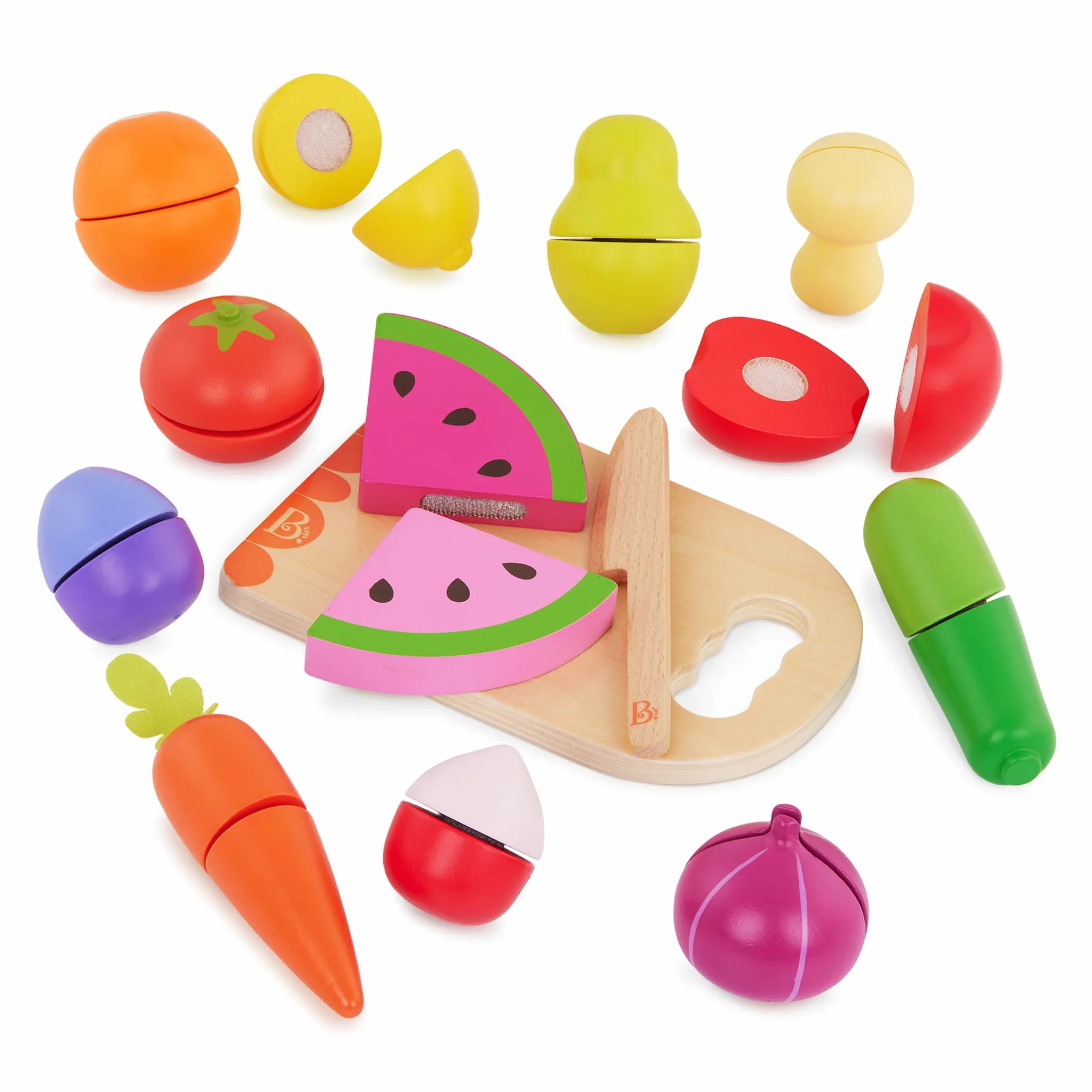B. toys Chop 'n' Play – drewniane owoce i warzywa – zestaw do zabawy w plastry dla małych dzieci, nóż do zabawy i deska do krojenia – od 2 lat