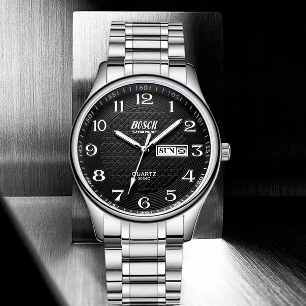 BOSCK Zegarek męski analogowy 40 mm stal nierdzewna wodoodporny z datą i dniem