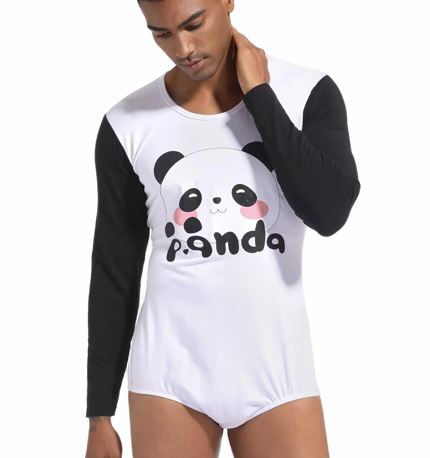 Landofgenie Męska Piżama Romper z Długim Rękawem Onesie Body Jednoczęściowy Kombinezon z Nadrukiem Pandy