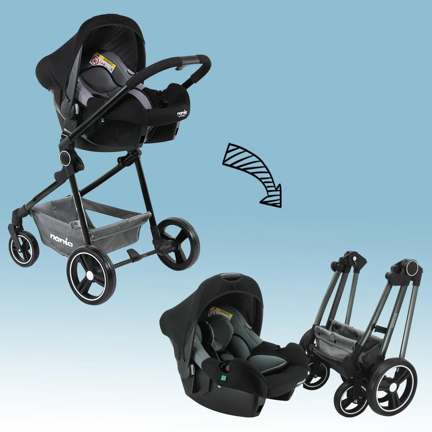 Nania GIULIA wózek kombi 3 w 1, wózek dziecięcy od 0 do 36 miesięcy, składany i odchylany + fotelik samochodowy BEONE EVO i-Size 40-85 cm - Grupa 0+ (0-13 kg), tył drogi + torba na pieluchy, pokrowiec