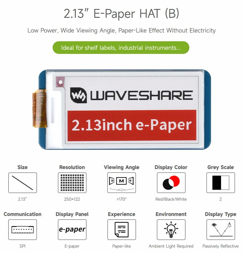 Waveshare 2.13 Inch e-Paper Display Hat(B) V4,212x104 Red Black White Three-Color E-Ink Screen Electronic Paper Module for Raspberry Pi Zero/Zero W/Zero WH/Zero 2W/3B/3B+/4B with SPI Interface