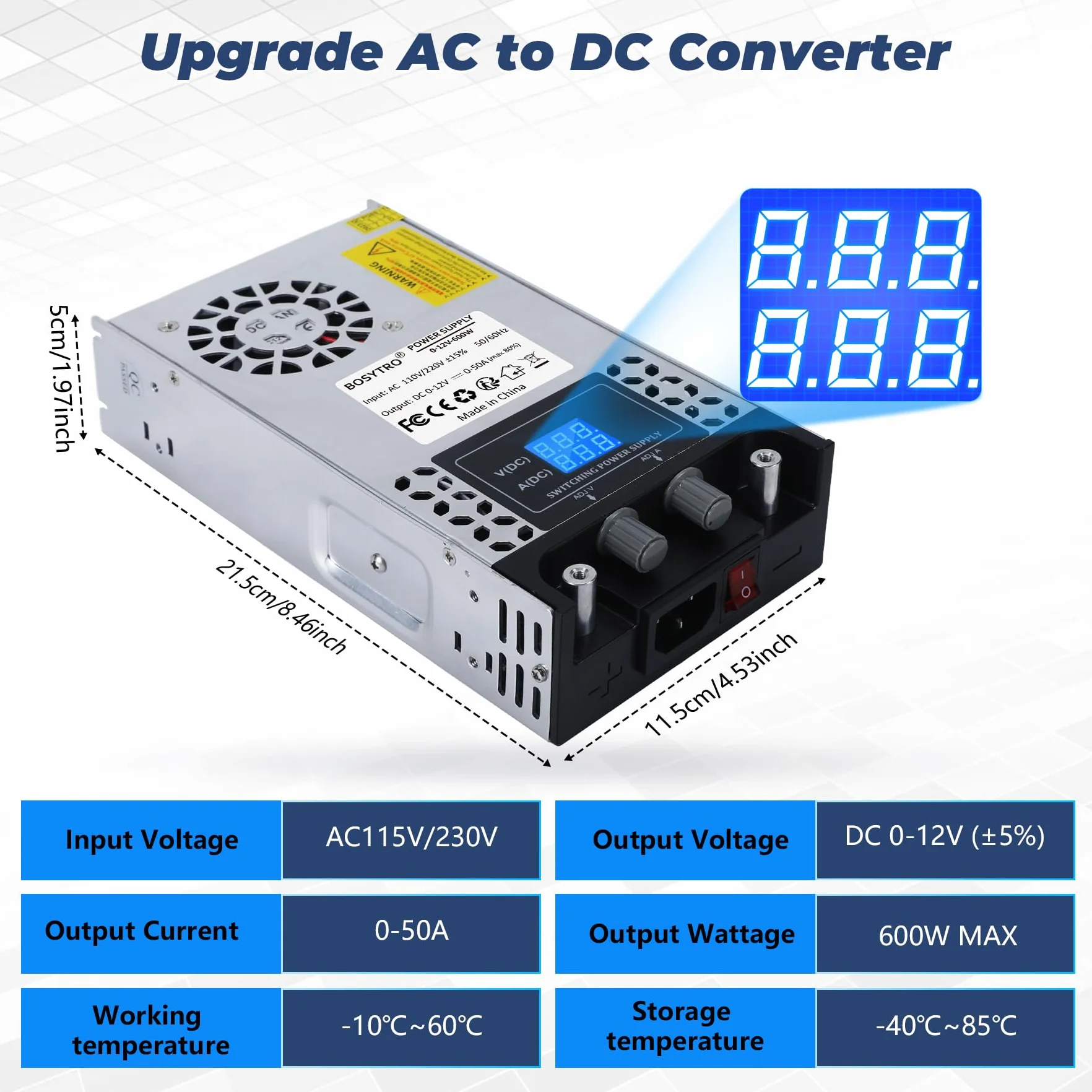 Regulowany Zasilacz 0-12V 0-50A 600W Impulsowy Transformator 230V na 12V Zasilacz do taśmy LED, CCTV, drukarki 3D, radio, kamera, laboratoryjny