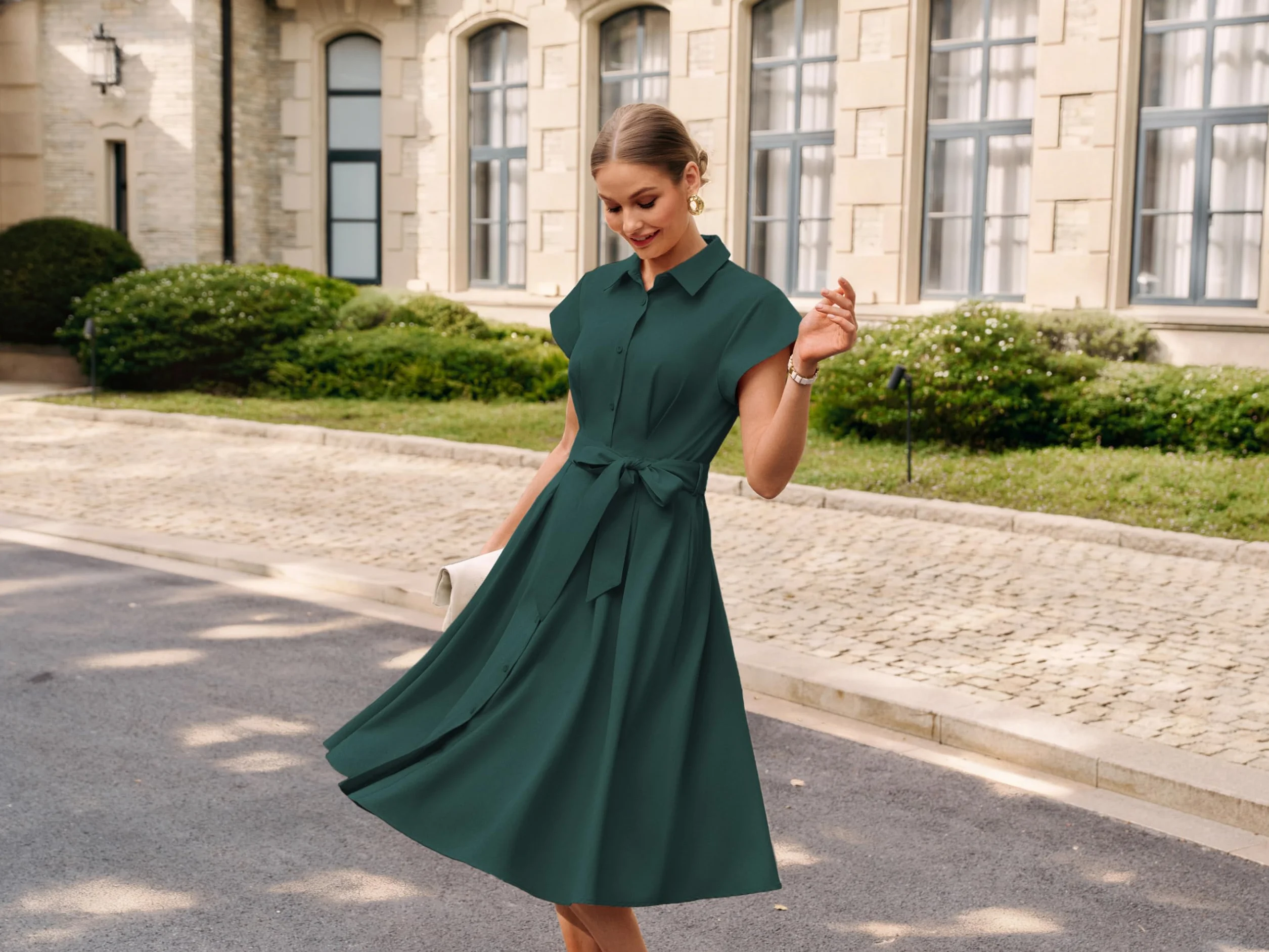 GRACE KARIN Damska sukienka midi z krótkim rękawem o linii A elegancka sukienka koszulowa