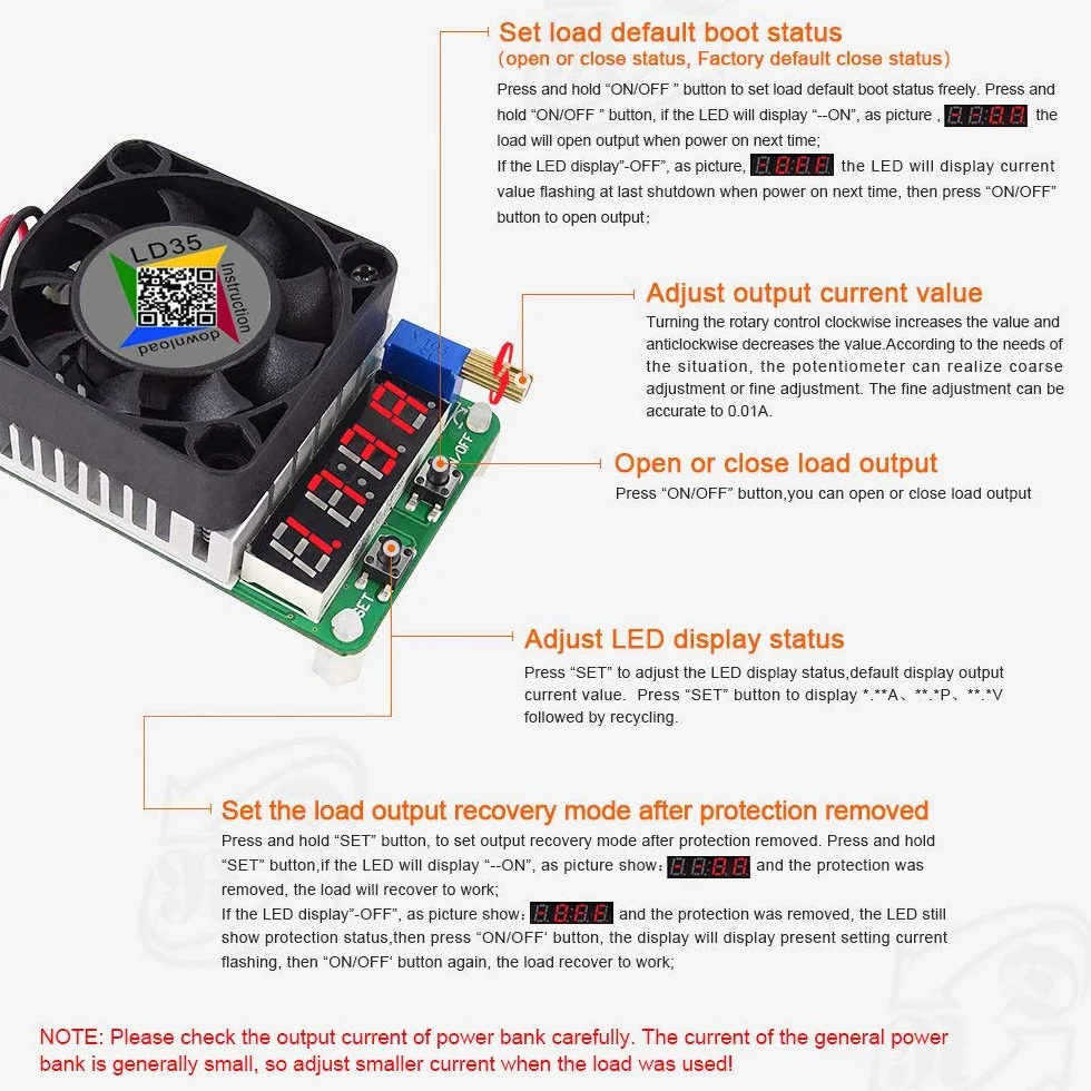 DollaTek Tester ?adowania USB Elektroniczny tester ?adowania Modu? oporu 35 W LD35 Interfejs roz?adowania USB Regulowana temperatura z wentylatorem