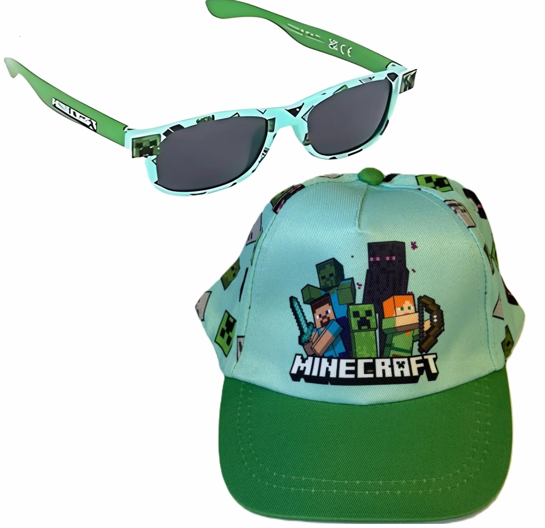 Toys & Gamers Czapka Minecraft i bezpłatny zestaw okularów przeciwsłonecznych, jasnoniebieski i zielony, akcesoria postaci dla dzieci