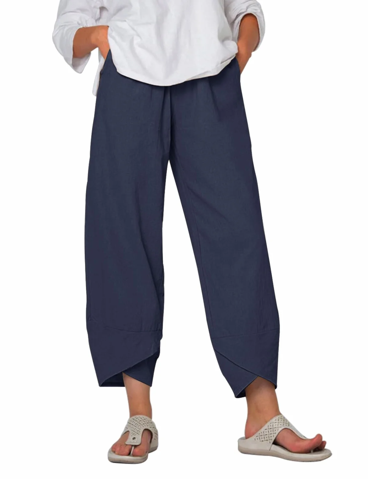 Yuson Girl Damskie letnie spodnie lniane damskie letnie bawełniane luźne spodnie 7/8 spodnie rekreacyjne spodnie Capris, elastyczne, wysoka talia, lekkie lniane spodnie z kieszeniami