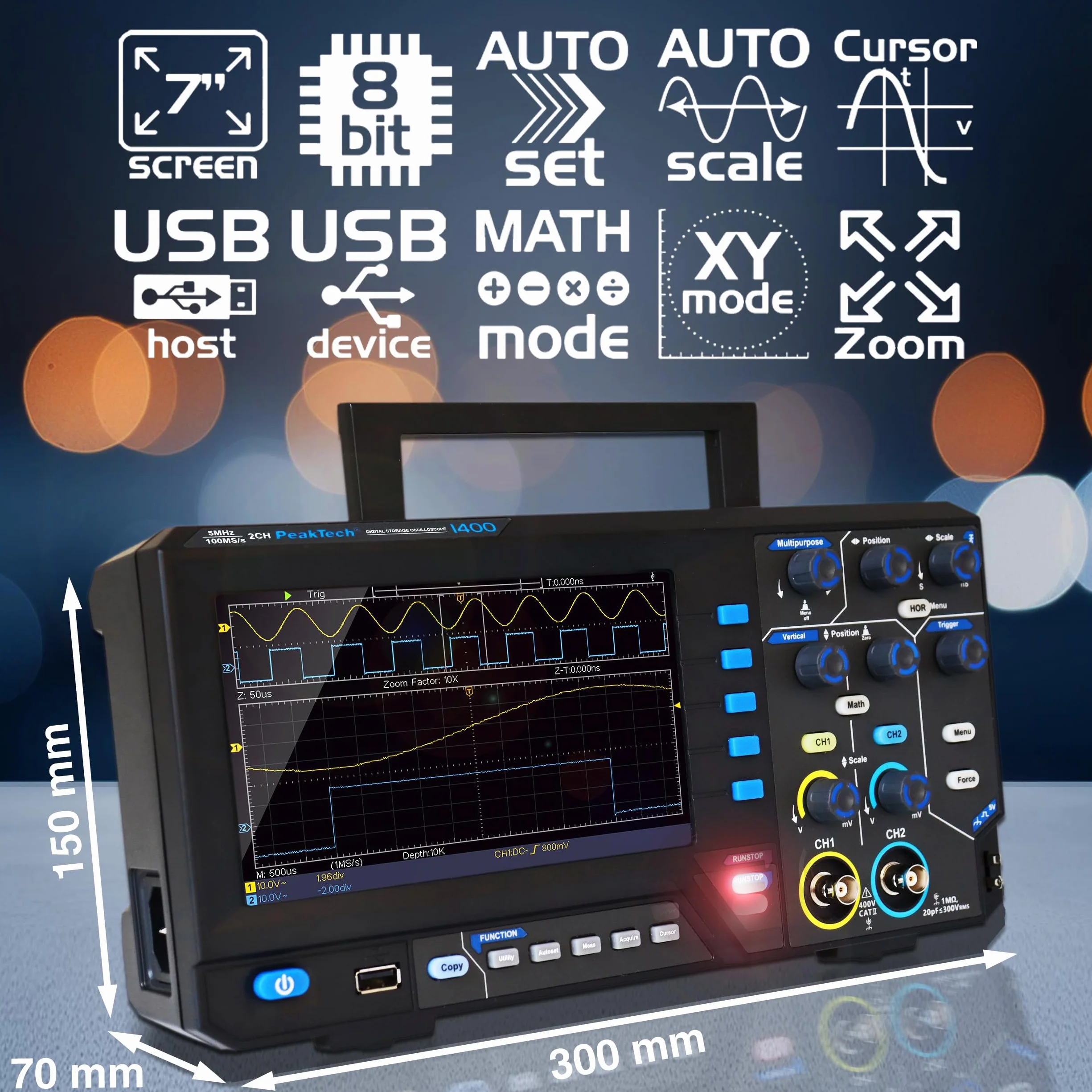 PeakTech 1400 - Kompaktowy oscyloskop cyfrowy, 2-kanałowy, Oscyloskop, szerokość pasma 5 MHz, szybka częstotliwość próbkowania 100 MS/s, złącze USB, w zestawie oprogramowanie PC, wyświetlanie XY i