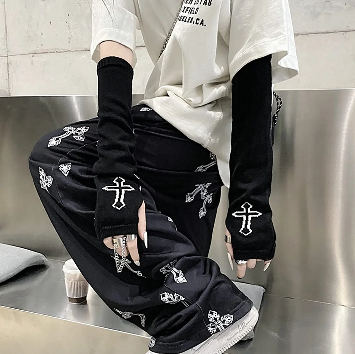 Rękawiczki damskie gotyckie rękawy rękaw Cool Black Moon Cross Printed Hip Hop Mankiety na ramię