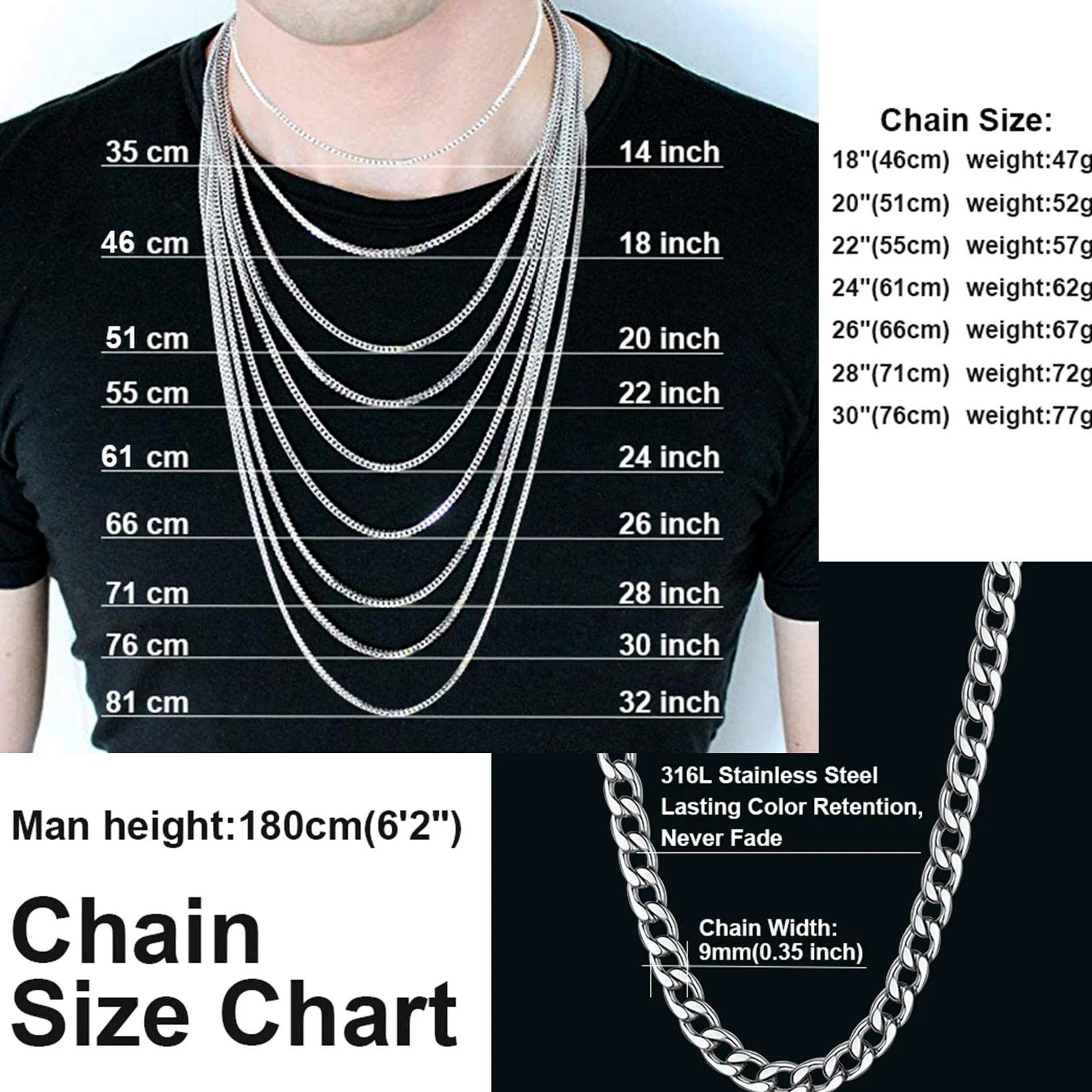 ChainsHouse Męski kubański łańcuszek ze stali nierdzewnej trwały 5/9/12/15 mm szerokości, 36-76 cm długości, srebrny/złoty/czarny łańcuszek, idealna biżuteria prezent
