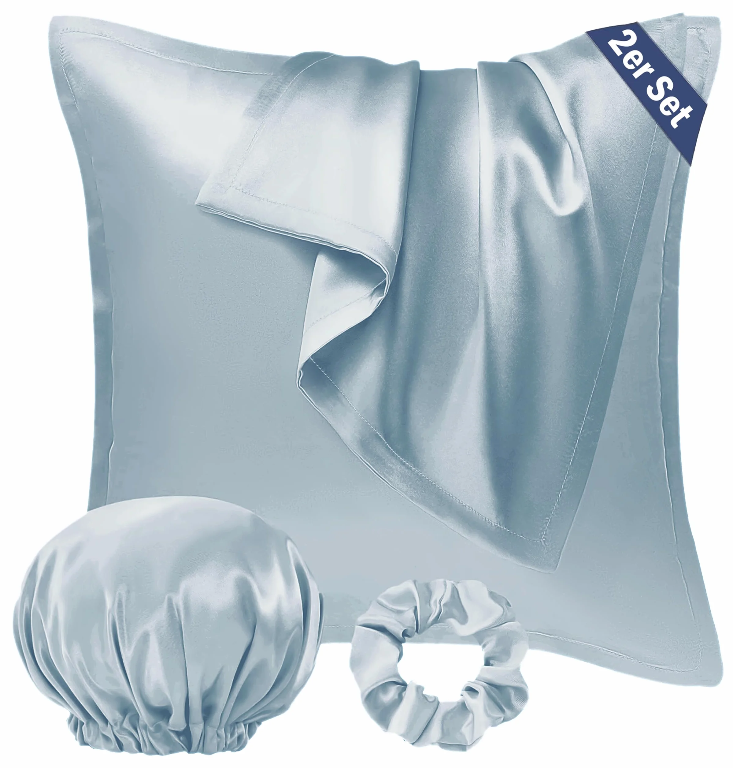 Zestaw 4w1: 2x Satynowa Poszewka 40x40cm + Opaska + Czepek | Certyfikat OEKO-TEX® | Miękki i Błyszczący Jak Jedwab | Ochrona Włosów | Pranie Maszynowe Niebieski Kamyk